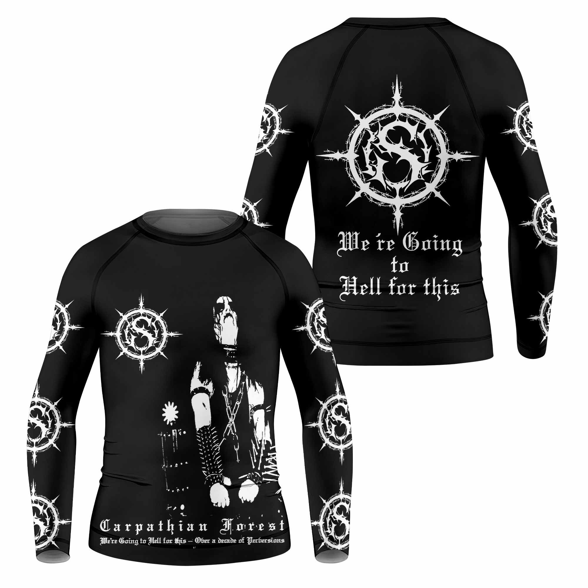 Carpathian Forest We're Going to Hell for This Kids Rash Guard Long Sleeve - front and back view