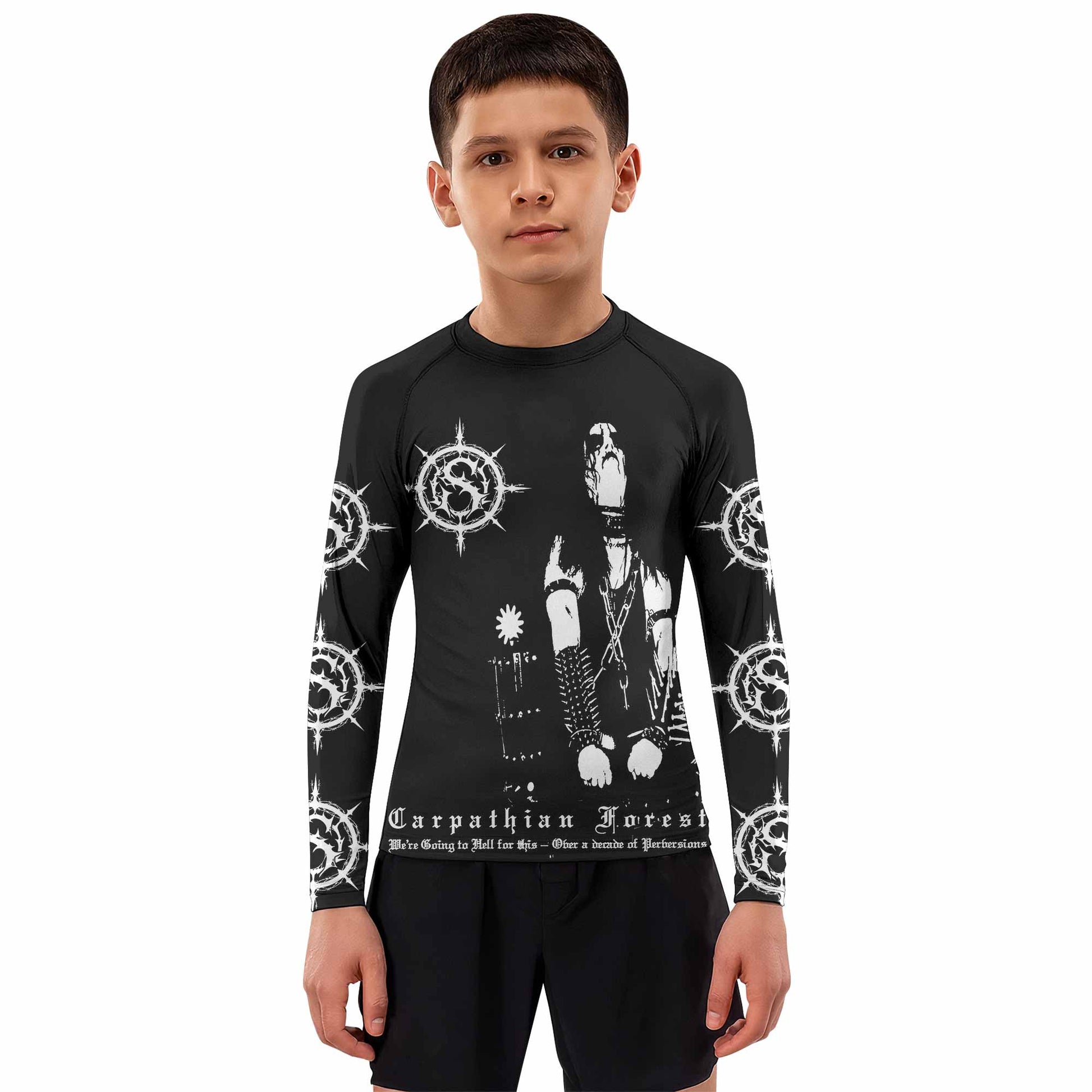 Carpathian Forest We're Going to Hell for This Kids Rash Guard Long Sleeve - boy's lifestyle view