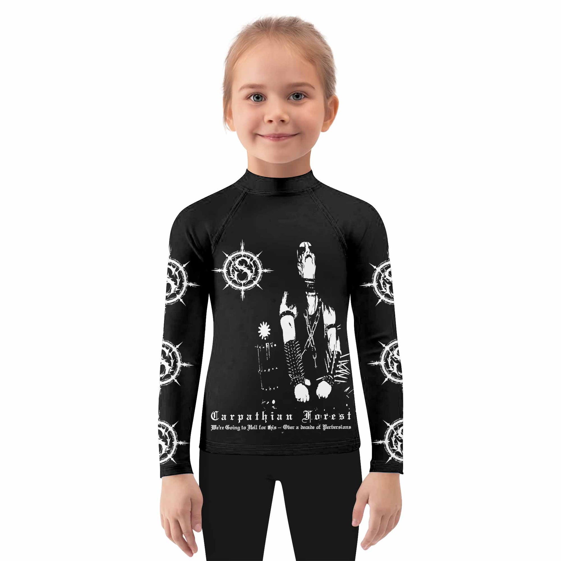 Carpathian Forest We're Going to Hell for This Kids Rash Guard Long Sleeve - girl's lifestyle view