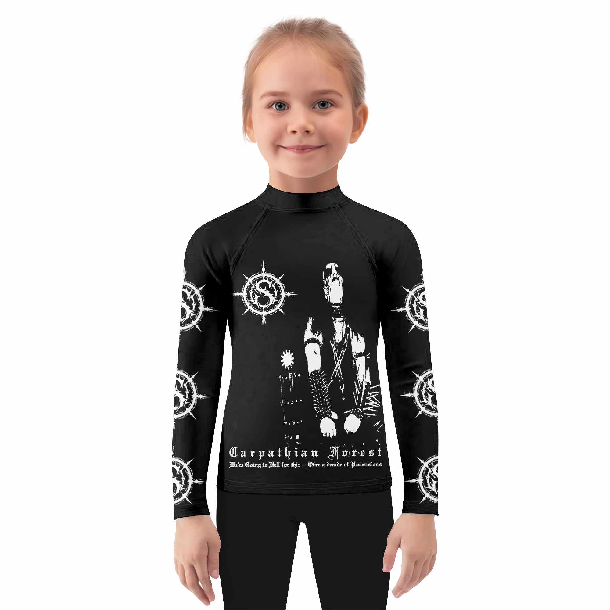 Carpathian Forest We're Going to Hell for This Kids Rash Guard Long Sleeve - girl's lifestyle view