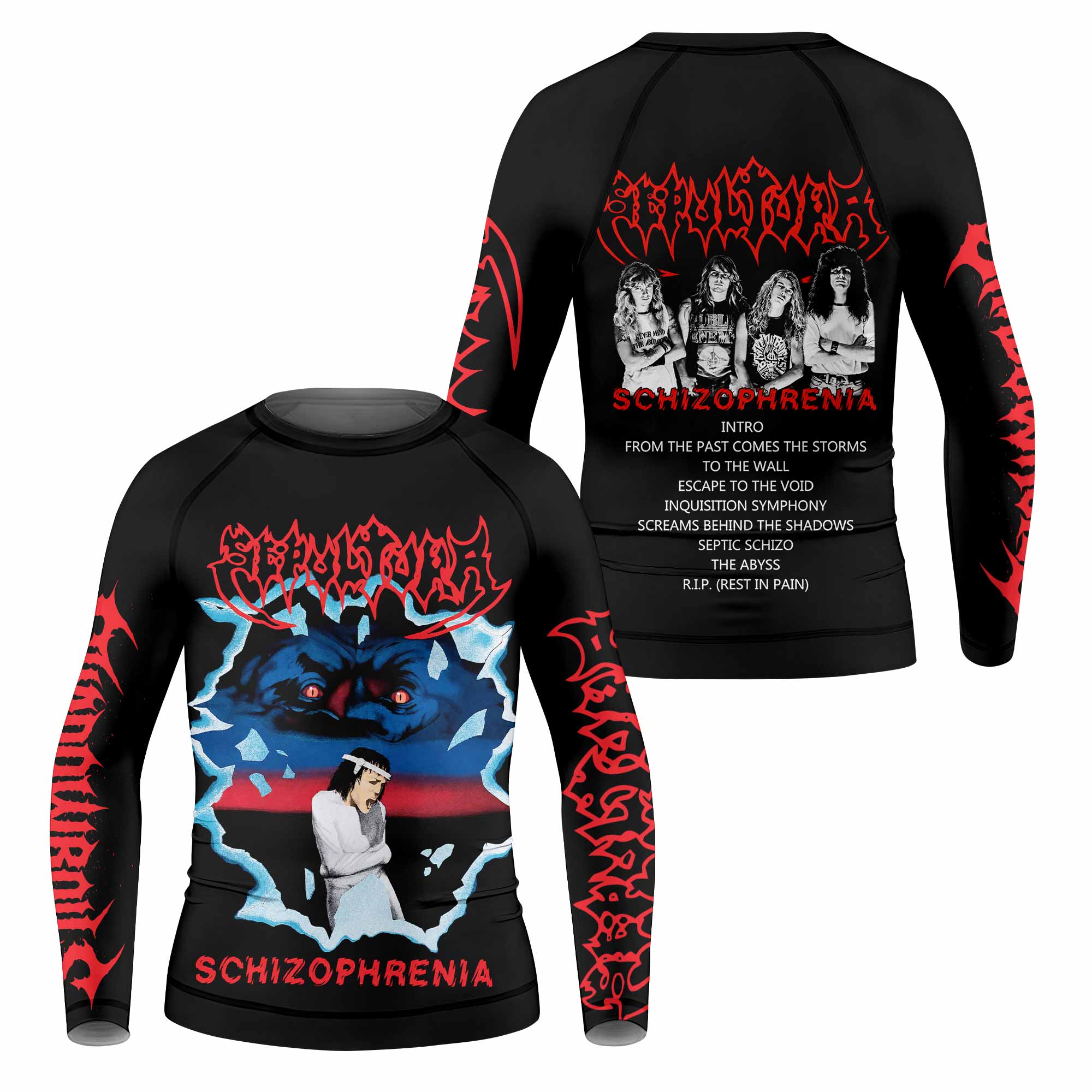 Sepultura Schizophrenia Kids Rash Guard Long Sleeve - front and back view
