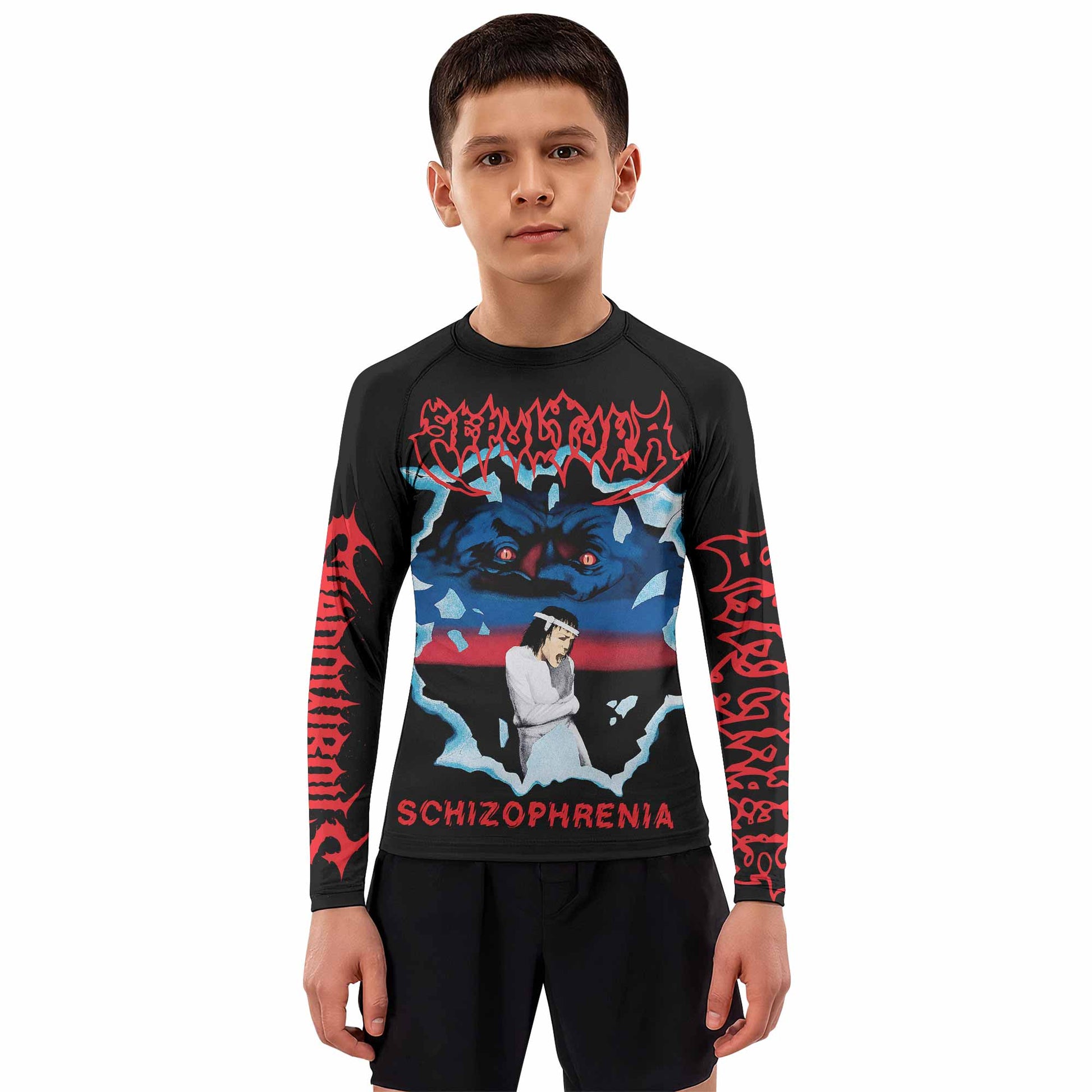 Sepultura Schizophrenia Kids Rash Guard Long Sleeve - boy's lifestyle view