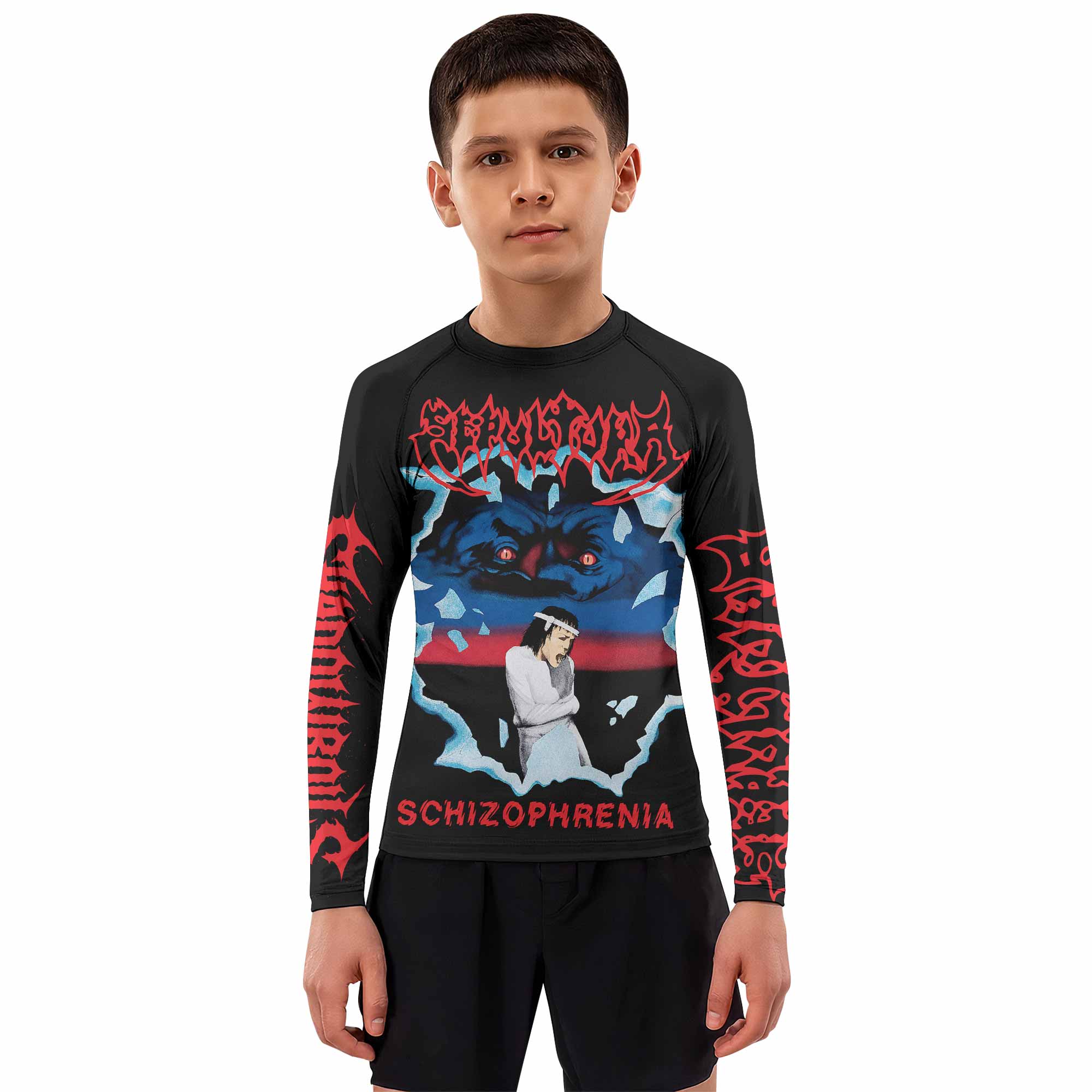 Sepultura Schizophrenia Kids Rash Guard Long Sleeve - boy's lifestyle view