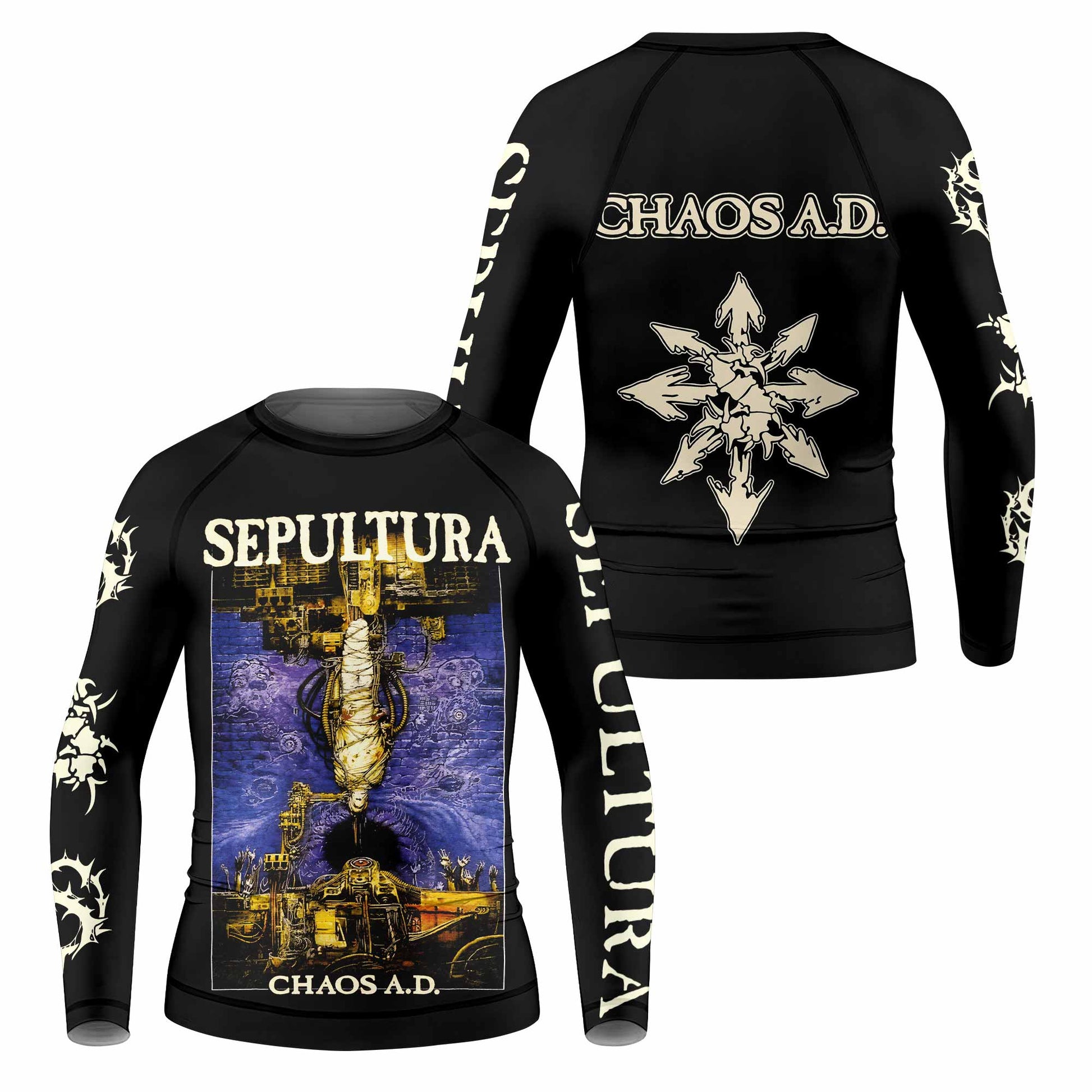 Chaos A.D. Sepultura Kids Rash Guard Long Sleeve - front and back view