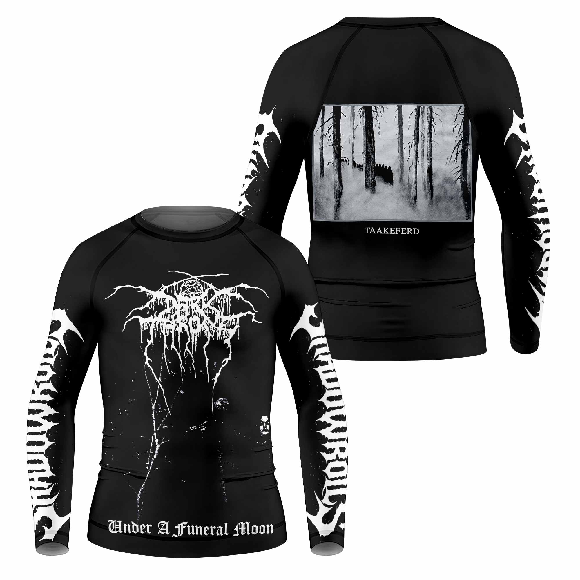 Darkthrone Under a Funeral Moon Kids Rash Guard Long Sleeve - front and back view