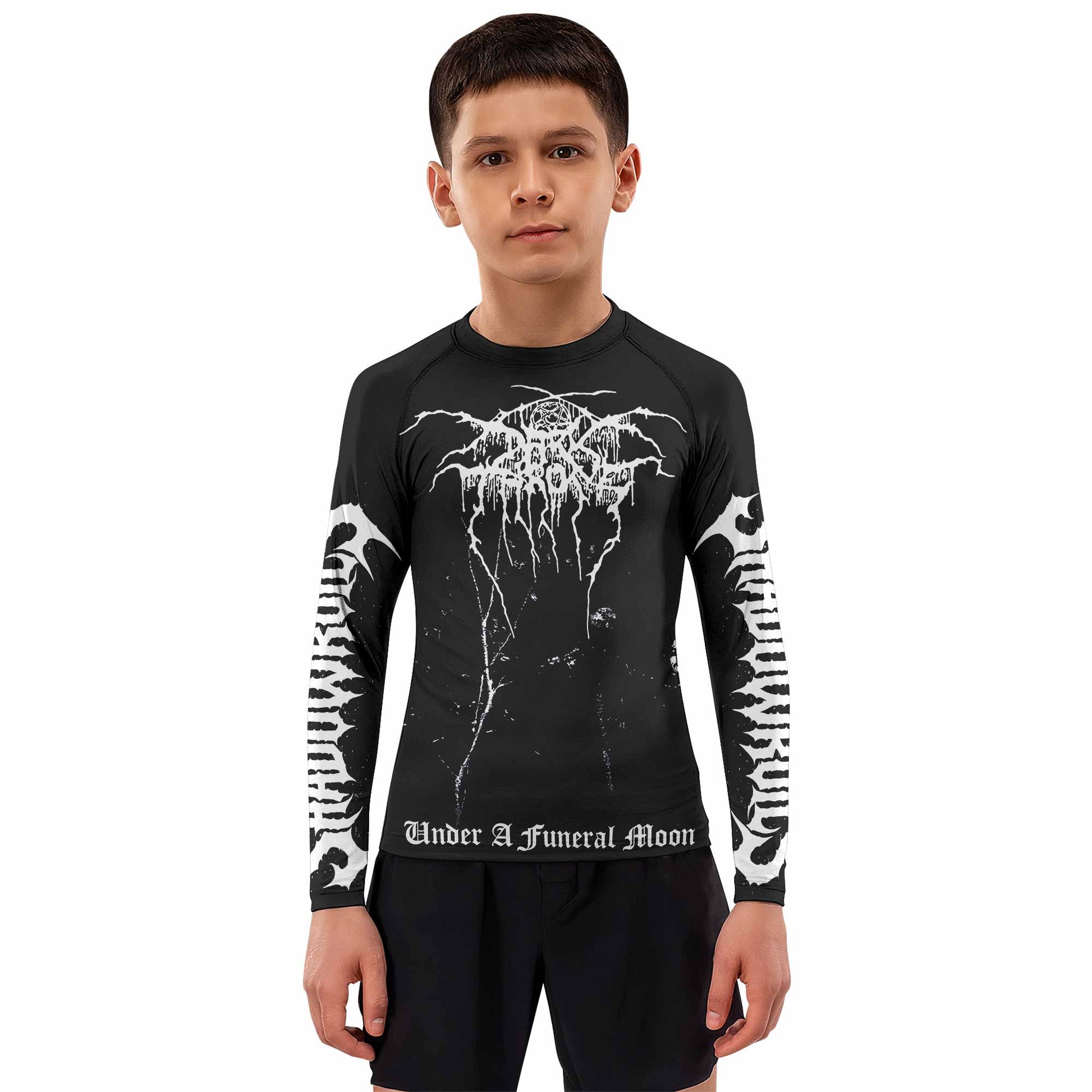 Darkthrone Under a Funeral Moon Kids Rash Guard Long Sleeve - boy's lifestyle view