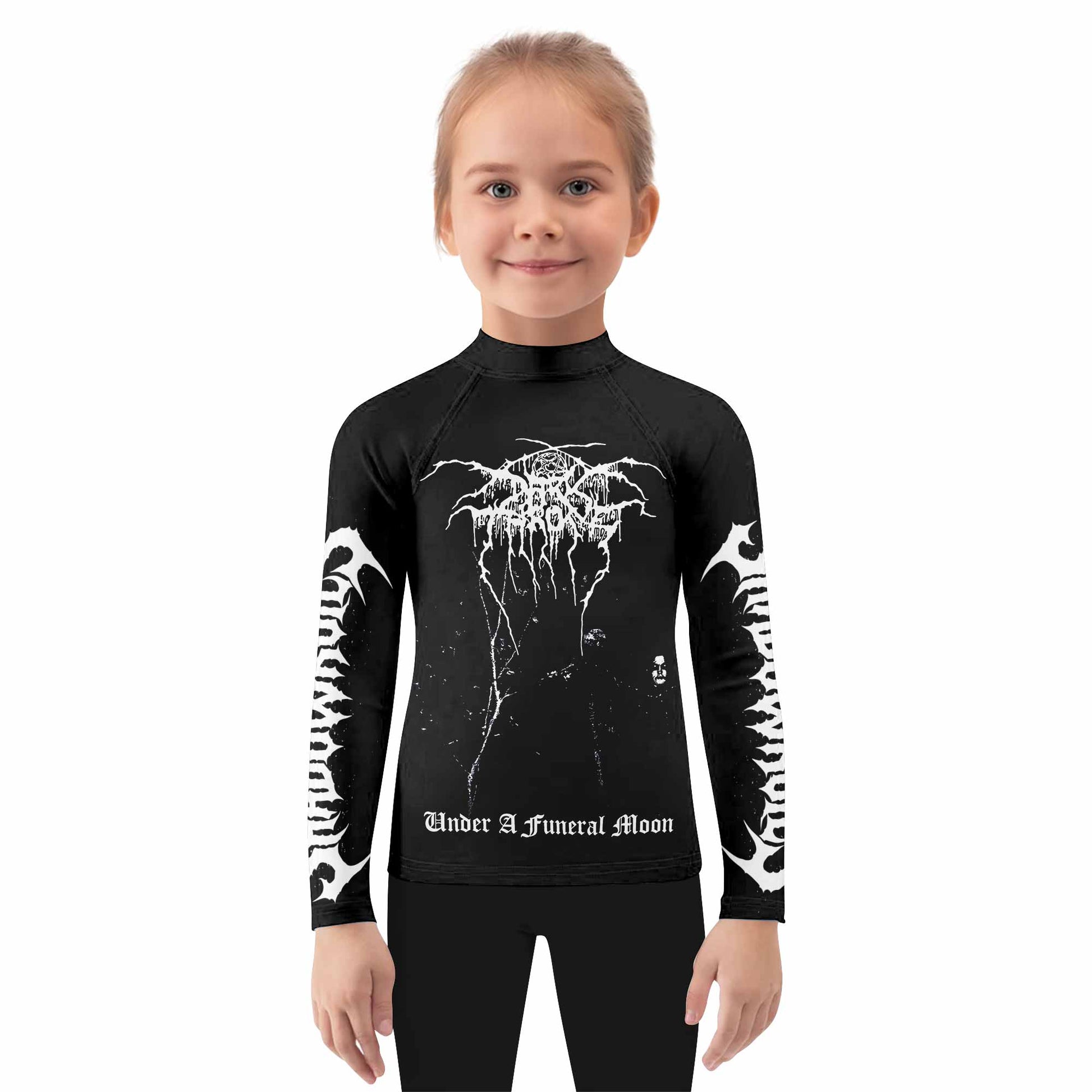 Darkthrone Under a Funeral Moon Kids Rash Guard Long Sleeve - girl's lifestyle view