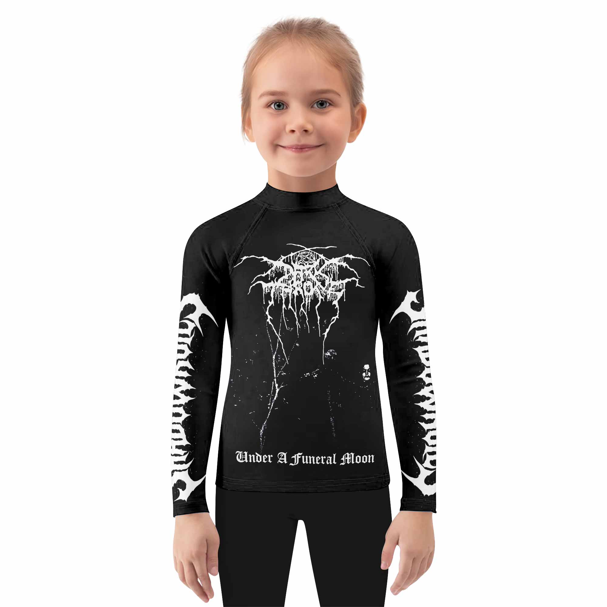 Darkthrone Under a Funeral Moon Kids Rash Guard Long Sleeve - girl's lifestyle view