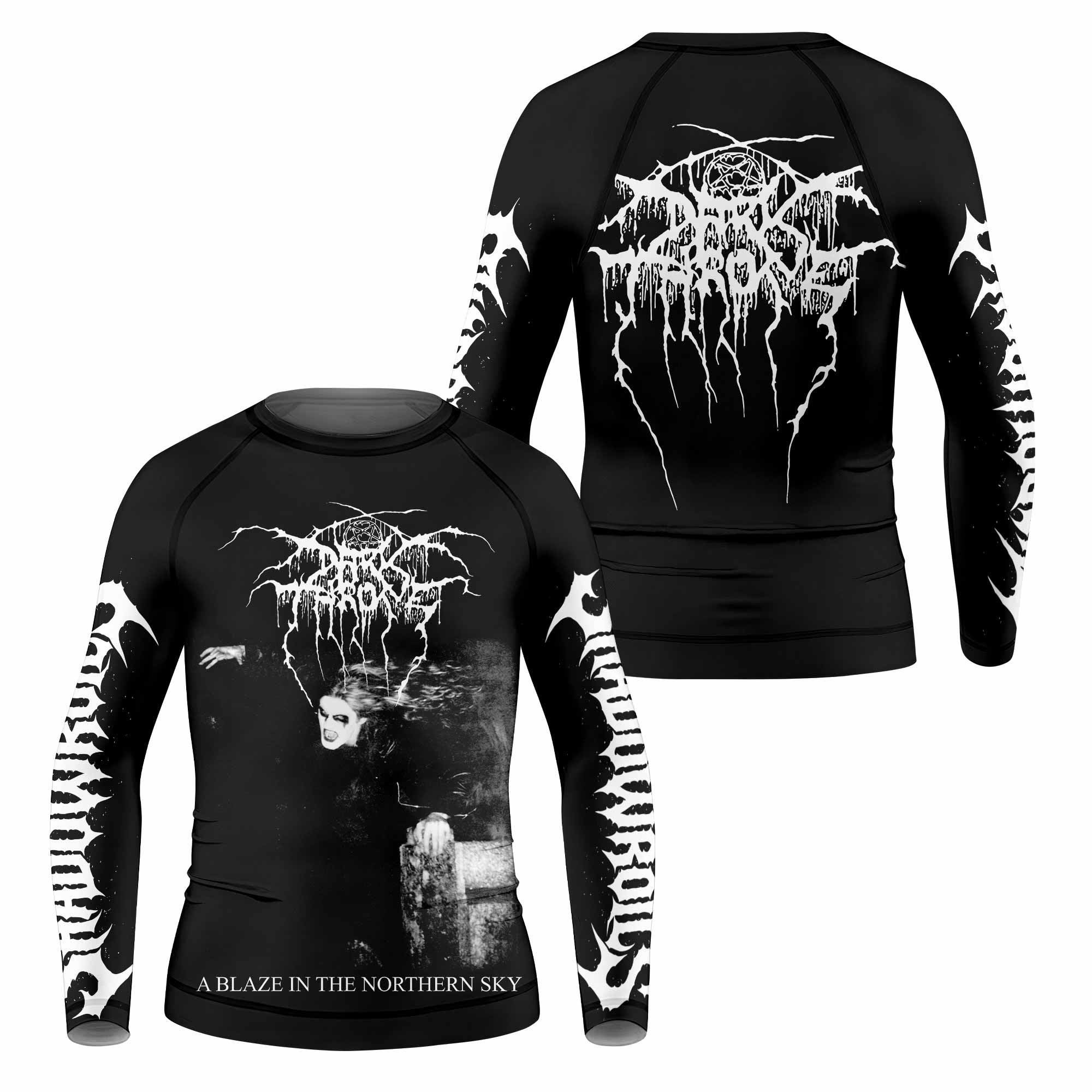 Darkthrone A Blaze in the Northern Sky Kids Rash Guard Long Sleeve - front and back view