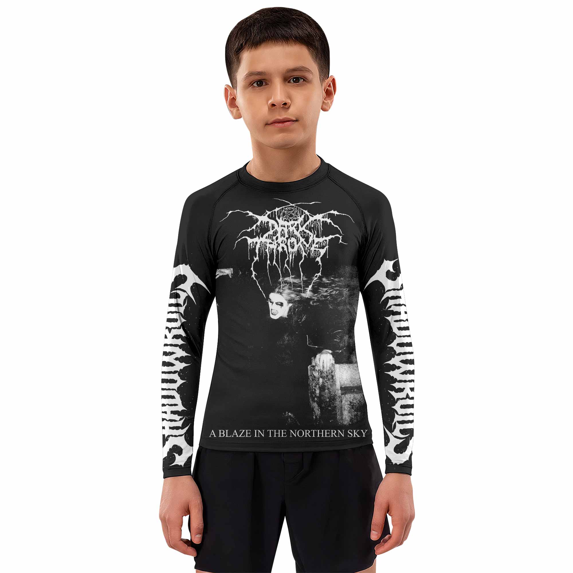 Darkthrone A Blaze in the Northern Sky Kids Rash Guard Long Sleeve - boy's lifestyle view
