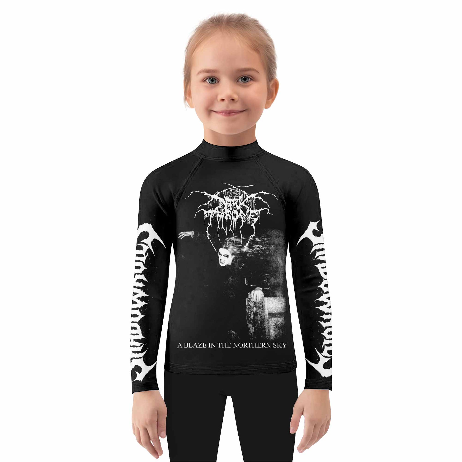 Darkthrone A Blaze in the Northern Sky Kids Rash Guard Long Sleeve - girl's lifestyle view