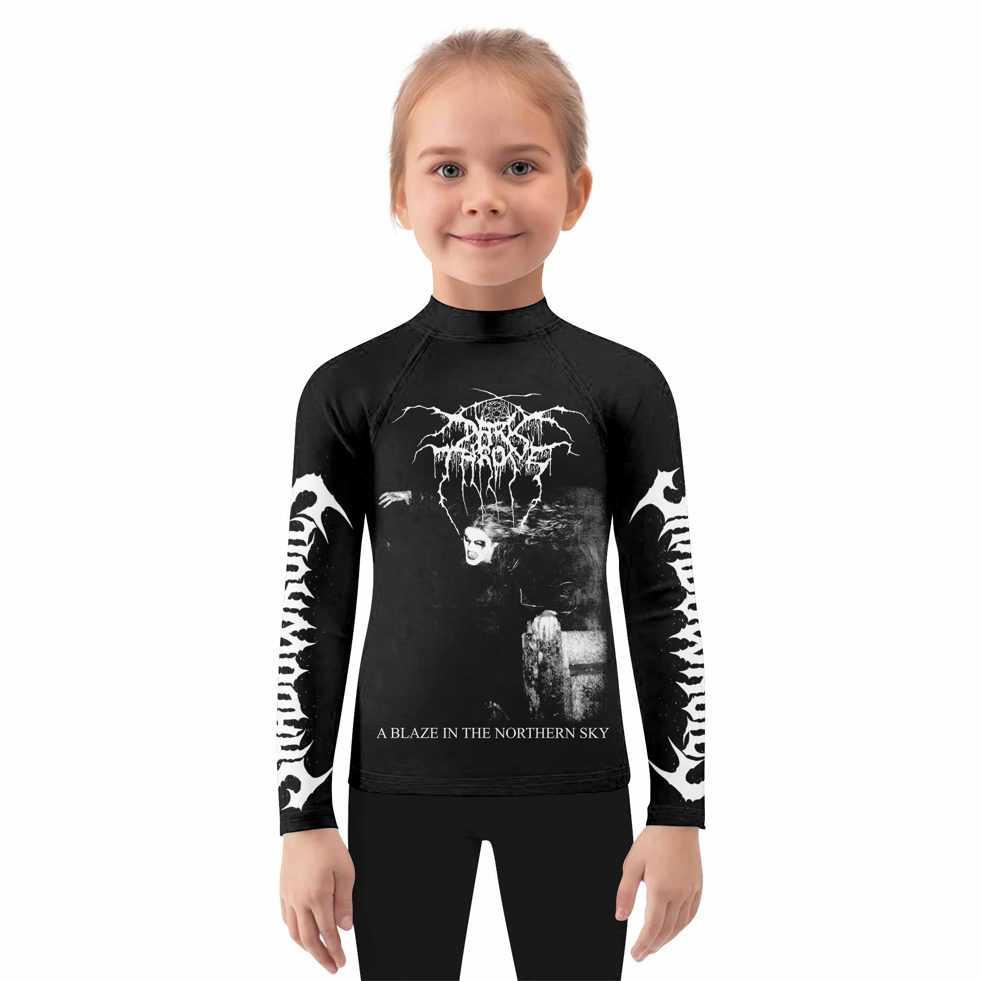 Darkthrone A Blaze in the Northern Sky Kids Rash Guard Long Sleeve - girl's lifestyle view