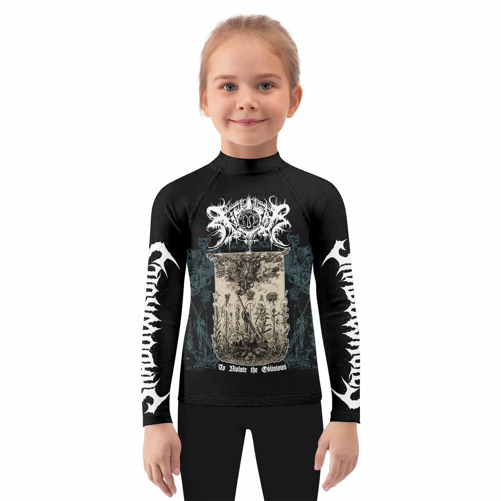 Xasthur To Violate the Oblivious Kids Rash Guard Long Sleeve - girl's lifestyle view