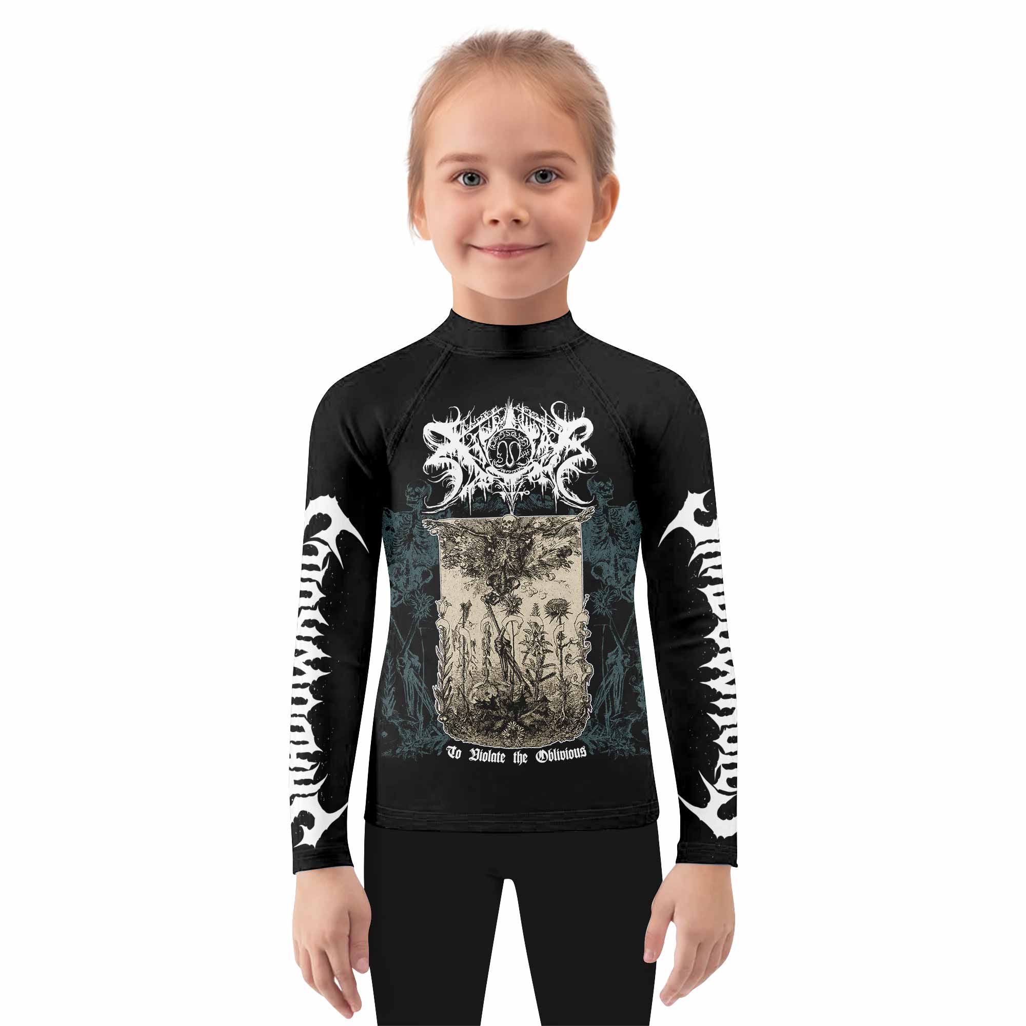 Xasthur To Violate the Oblivious Kids Rash Guard Long Sleeve - girl's lifestyle view