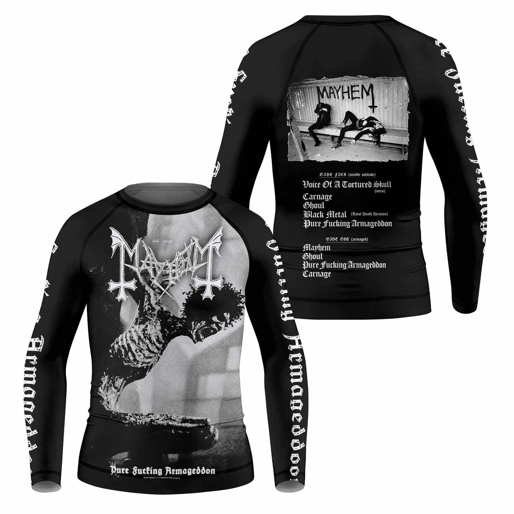 Mayhem Pure Fucking Armageddon Kids Rash Guard Long Sleeve - front and back view