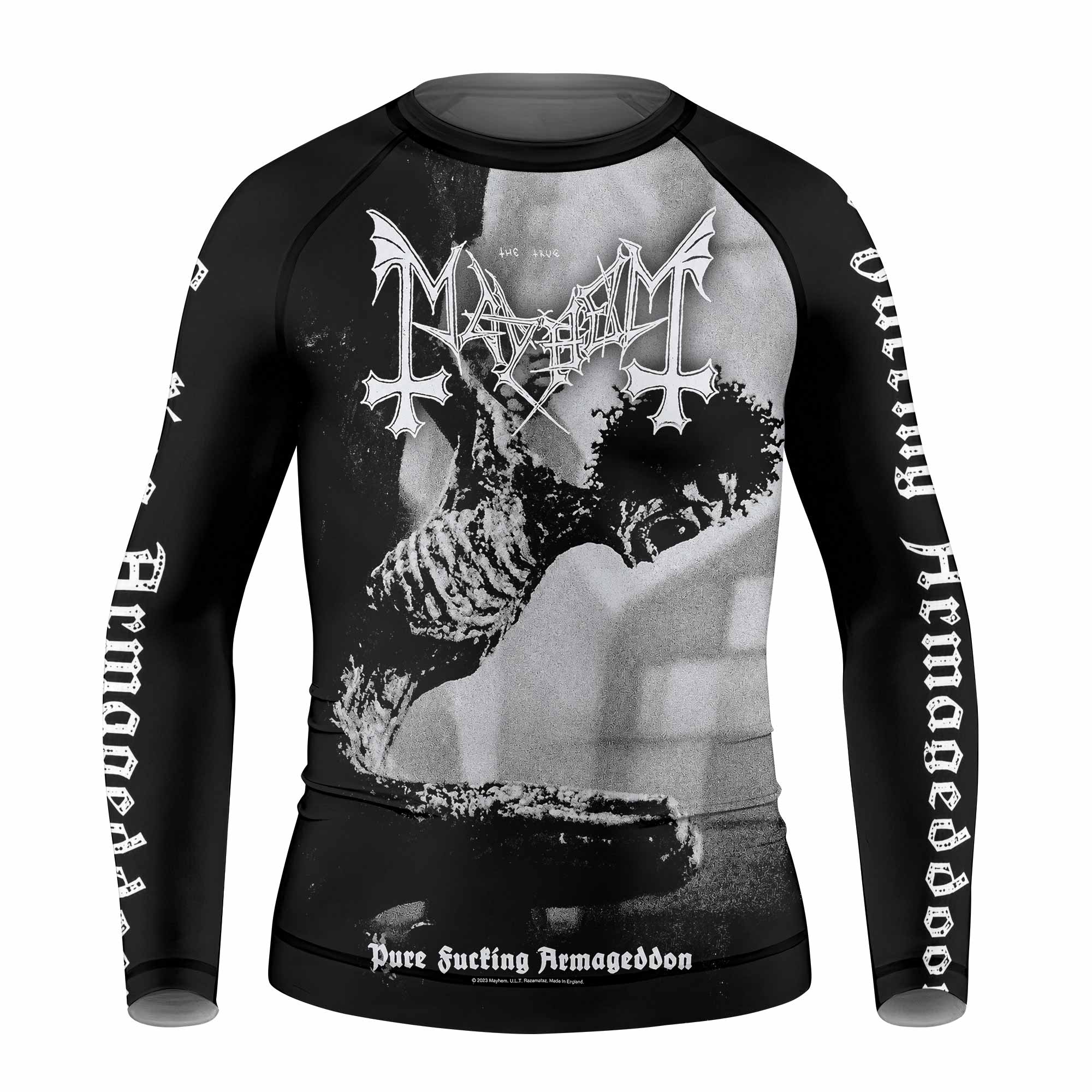 Mayhem Pure Fucking Armageddon Kids Rash Guard Long Sleeve - front view mockup