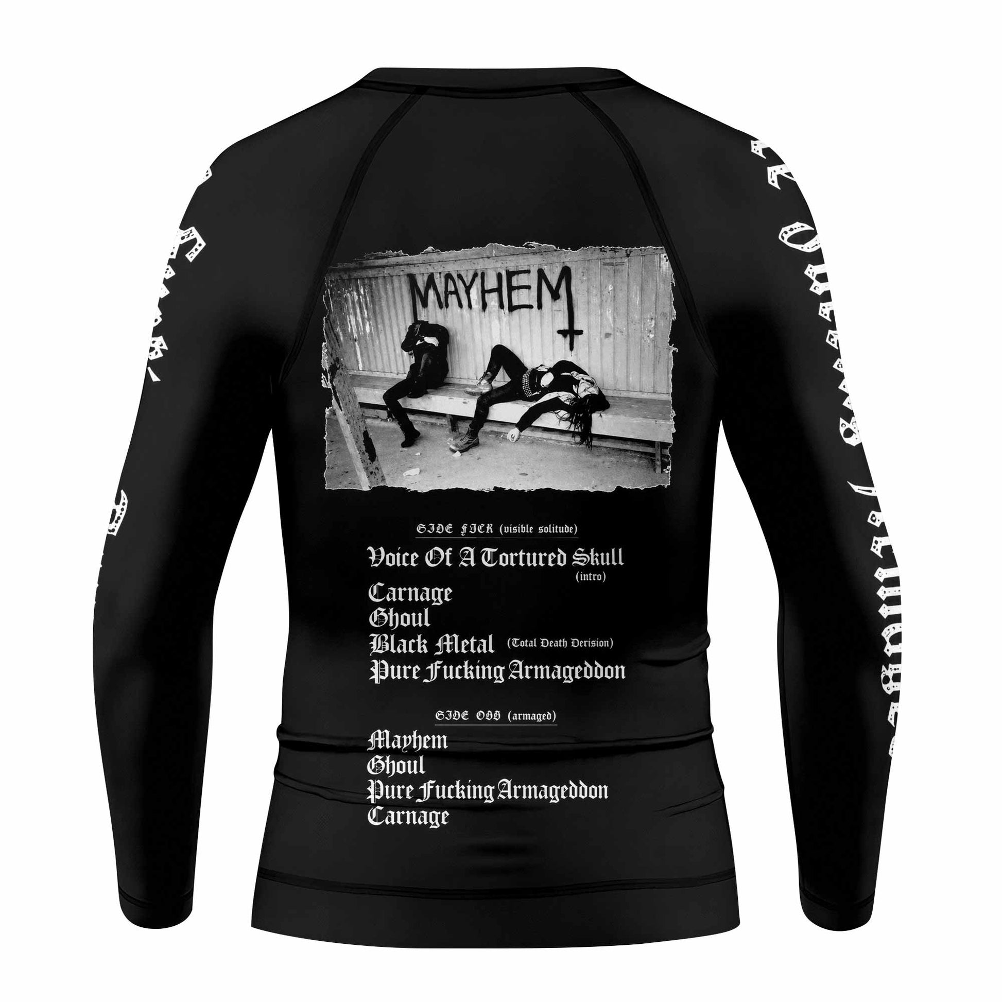 Mayhem Pure Fucking Armageddon Kids Rash Guard Long Sleeve - back view mockup