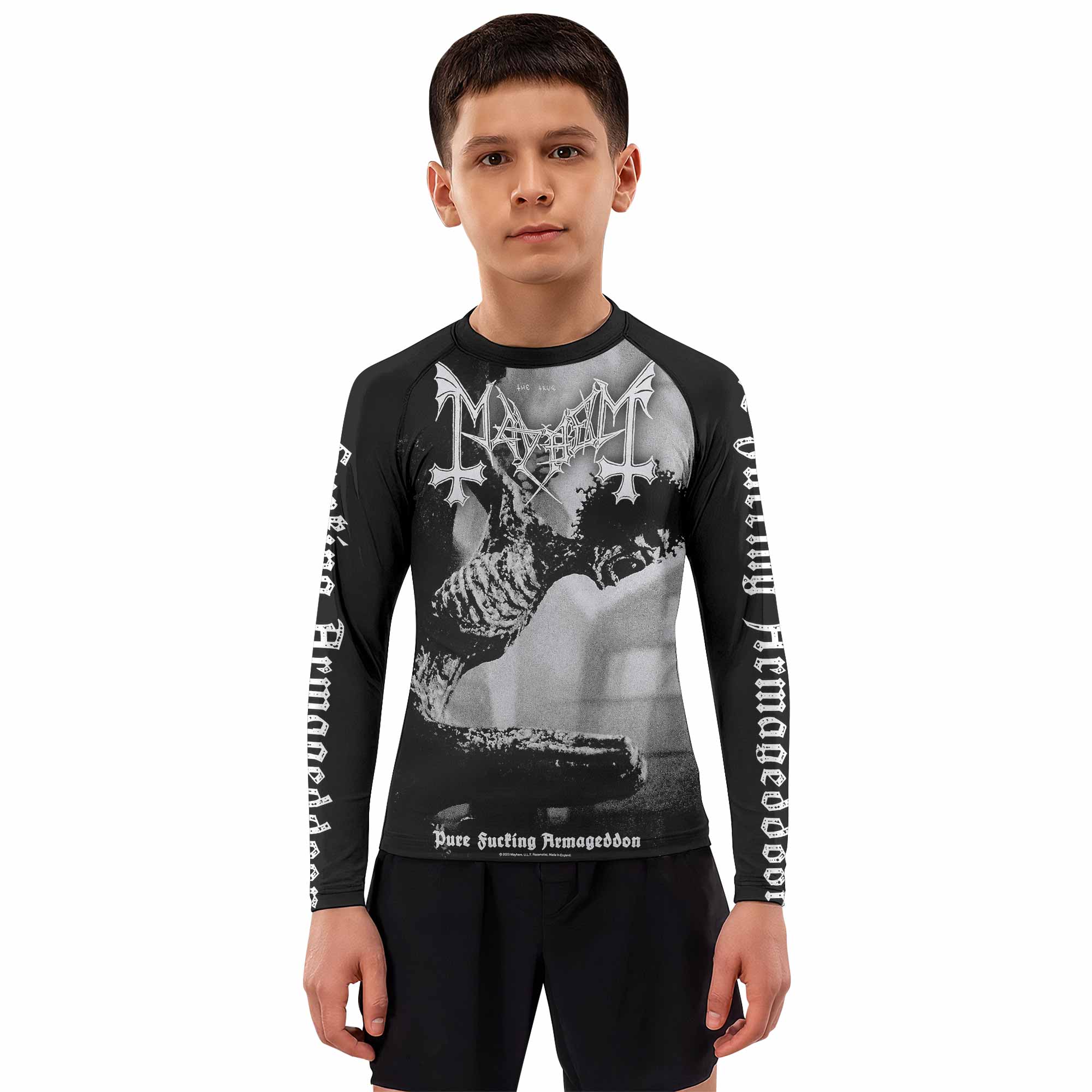 Mayhem Pure Fucking Armageddon Kids Rash Guard Long Sleeve - boy's lifestyle view