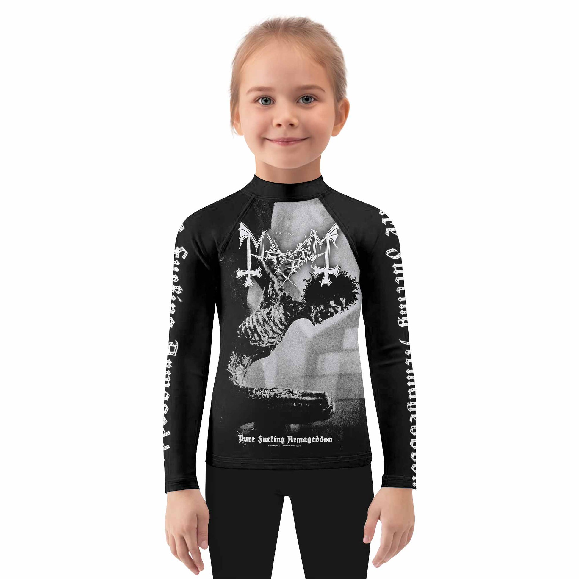 Mayhem Pure Fucking Armageddon Kids Rash Guard Long Sleeve - girl's lifestyle view