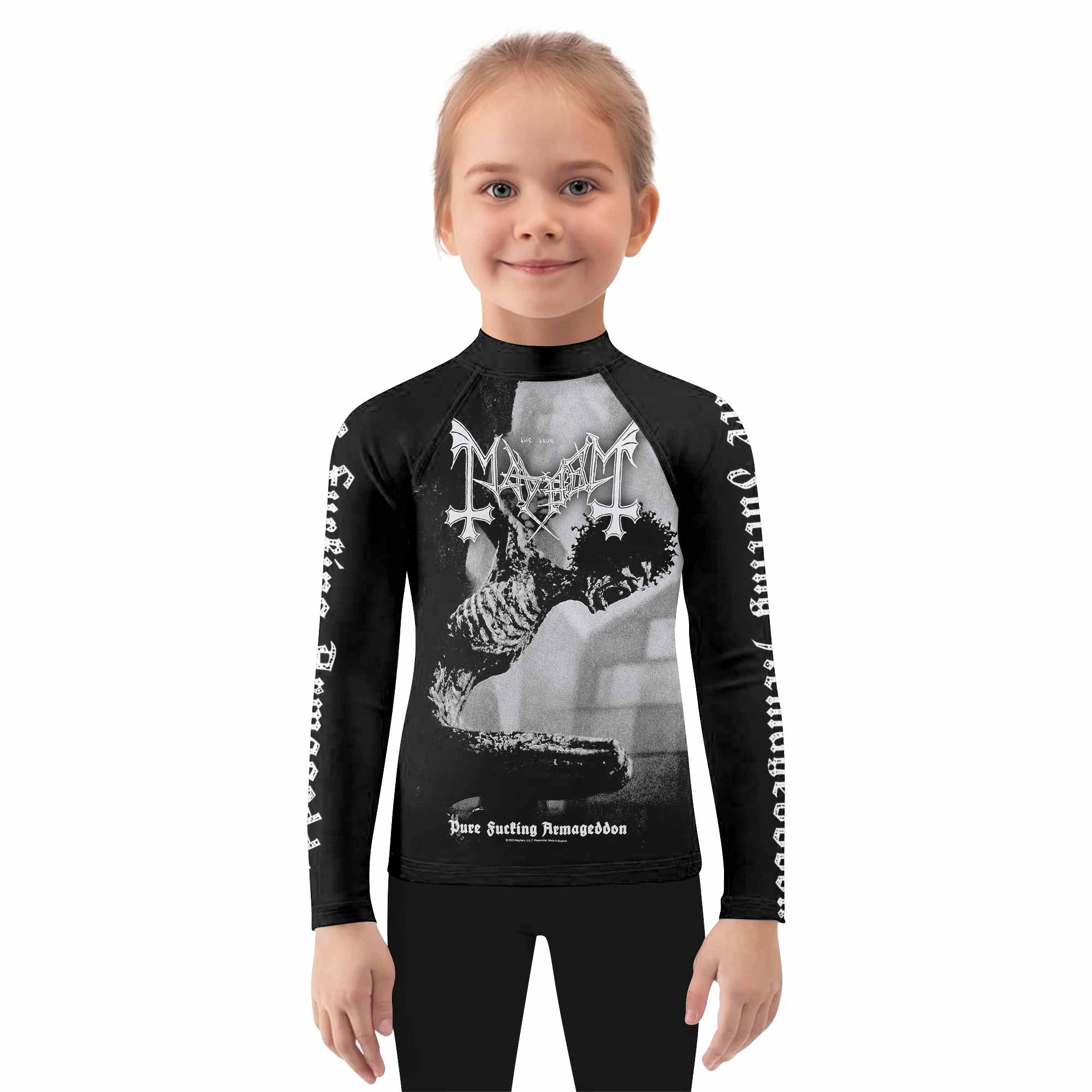Mayhem Pure Fucking Armageddon Kids Rash Guard Long Sleeve - girl's lifestyle view