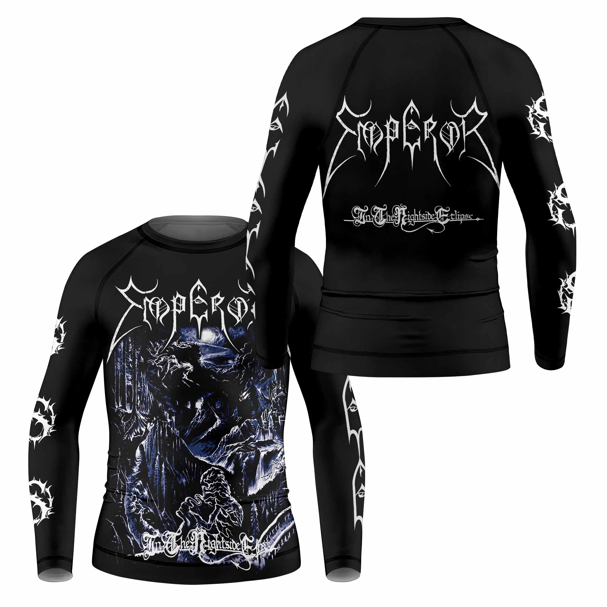 Emperor In the Nightside Eclipse Kids Rash Guard Long Sleeve - front and back view