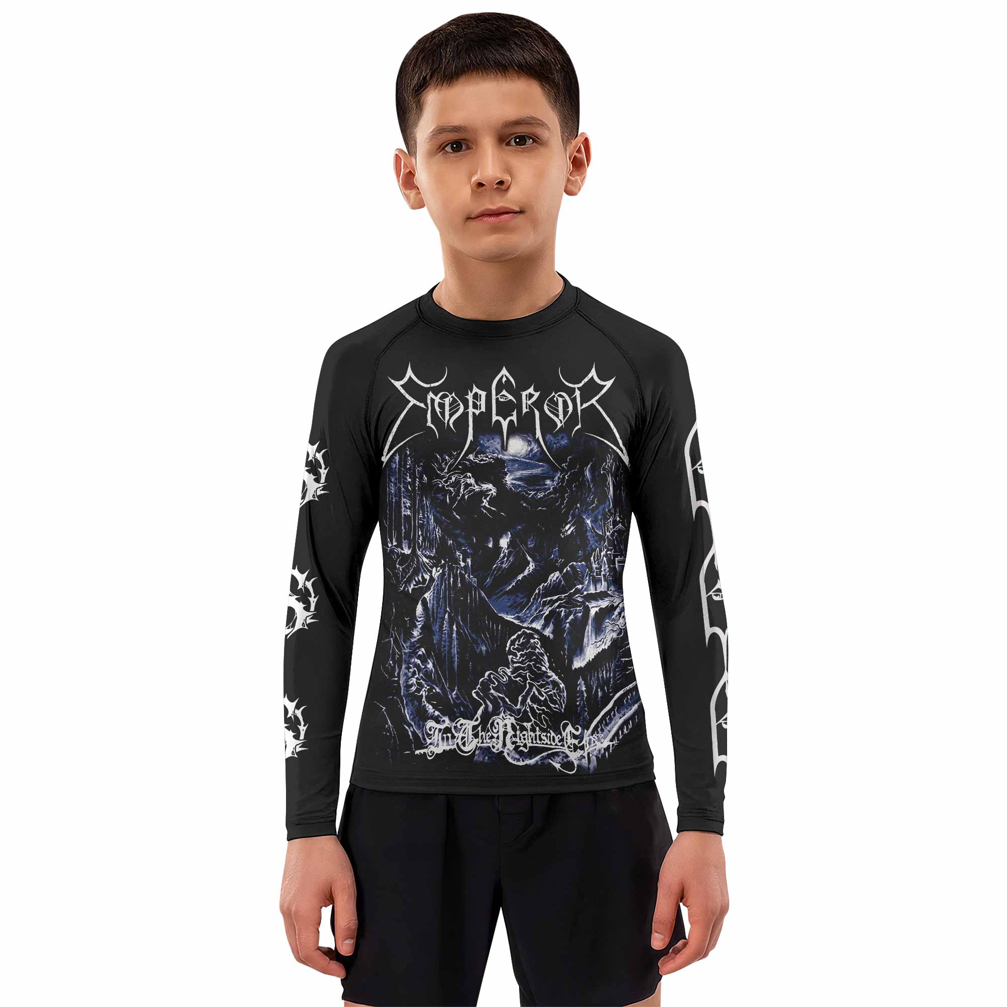 Emperor In the Nightside Eclipse Kids Rash Guard Long Sleeve - boy's lifestyle view