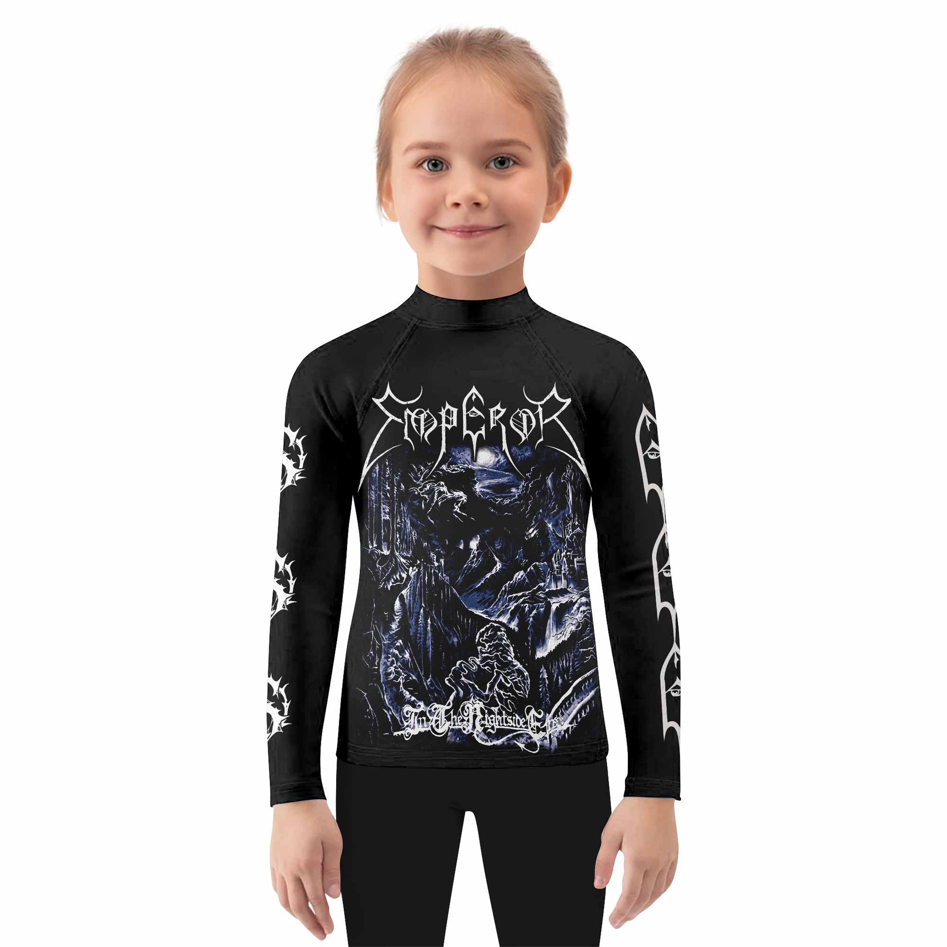 Emperor In the Nightside Eclipse Kids Rash Guard Long Sleeve - girl's lifestyle view