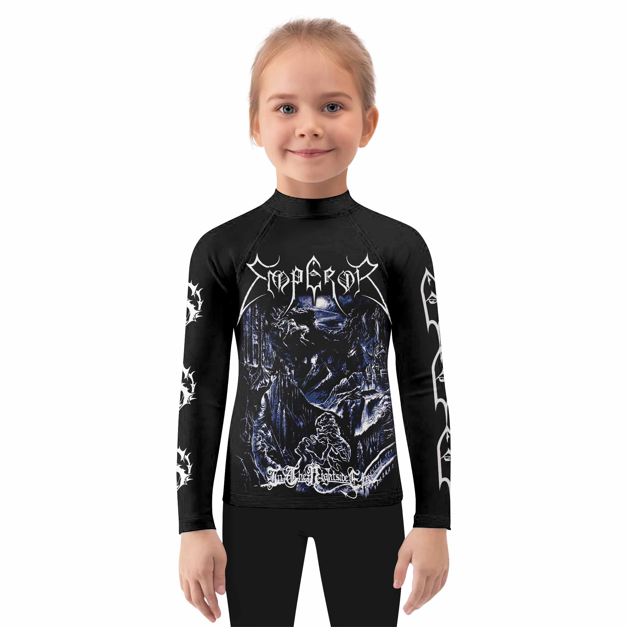 Emperor In the Nightside Eclipse Kids Rash Guard Long Sleeve - girl's lifestyle view