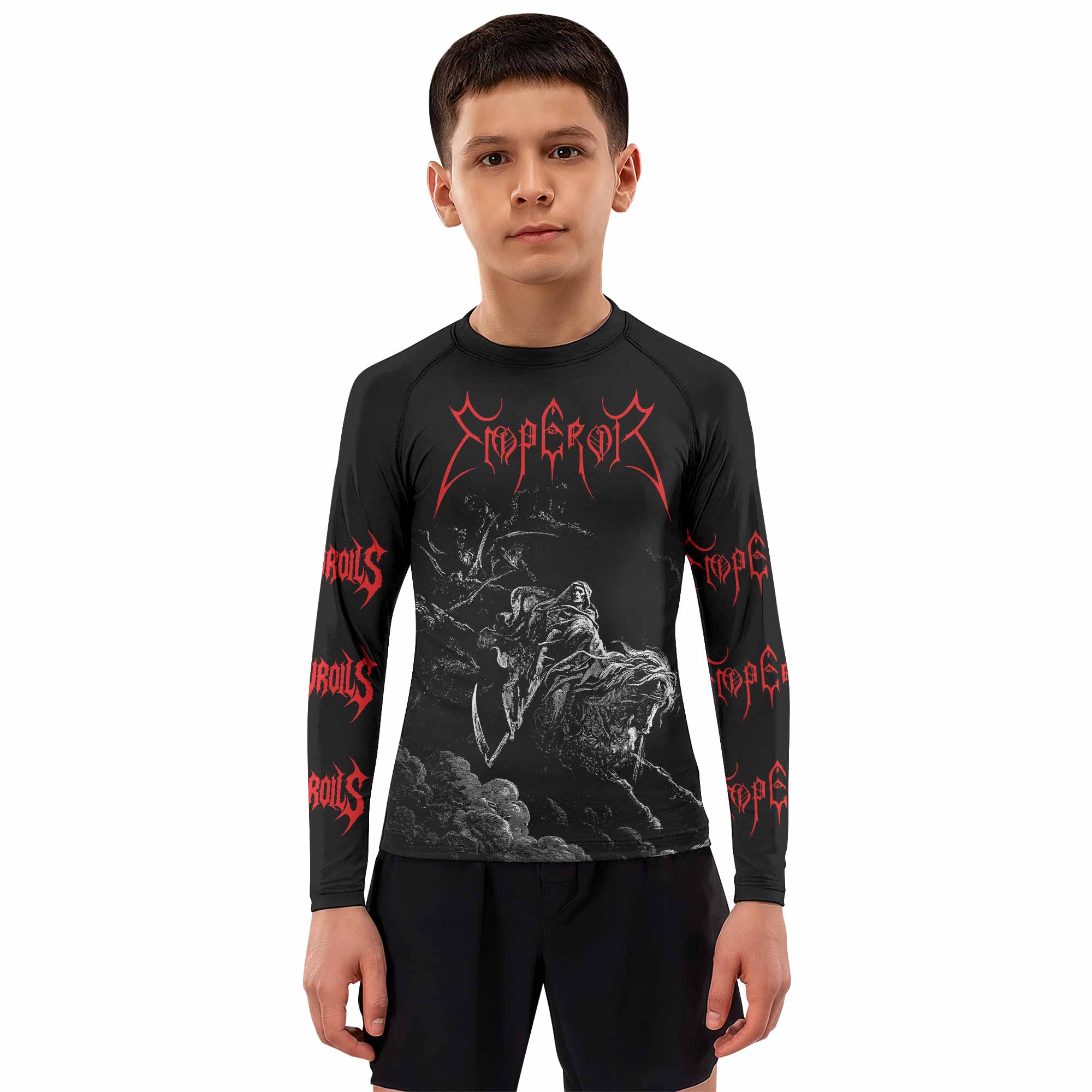 Emperor Wrath of the Tyrant Kids Rash Guard Long Sleeve - boy's lifestyle view