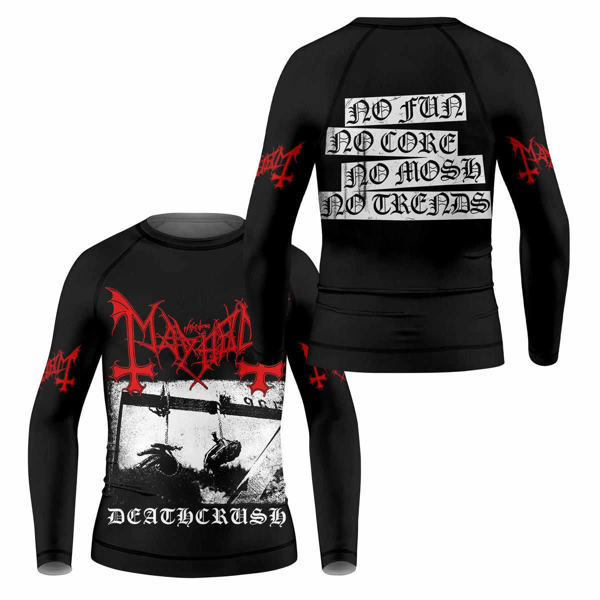 Mayhem Deathcrush No Fun No Core No Mosh No Trends Kids Rash Guard Long Sleeve - front and back view