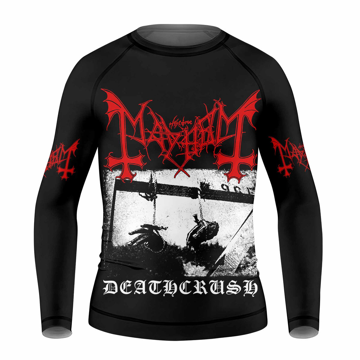 Mayhem Deathcrush No Fun No Core No Mosh No Trends Kids Rash Guard Long Sleeve - front view mockup