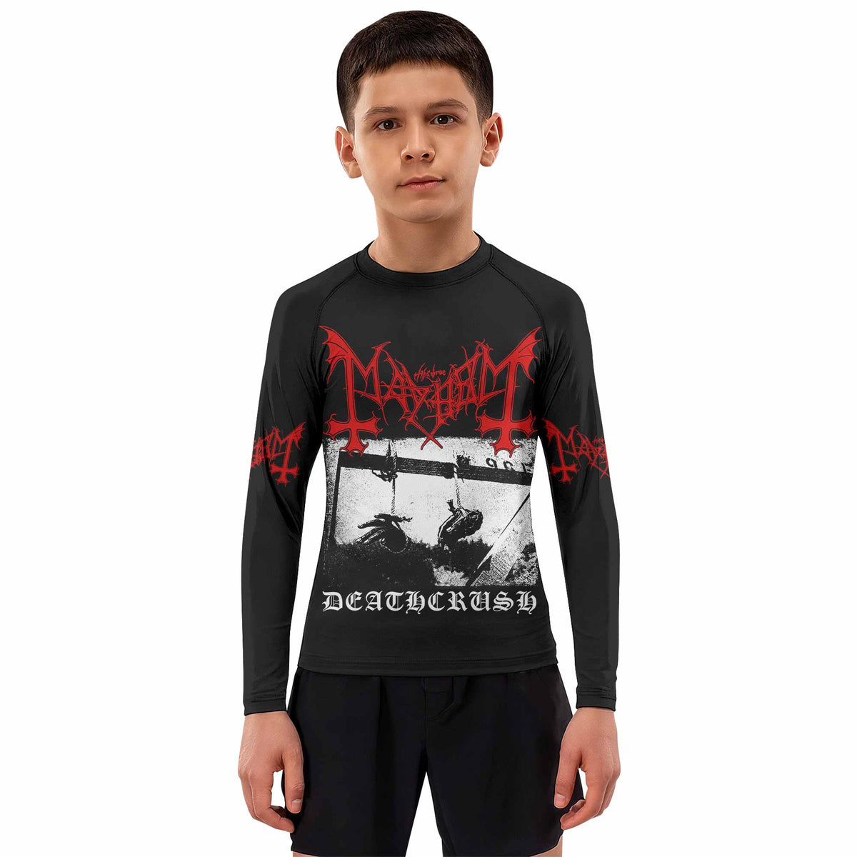 Mayhem Deathcrush No Fun No Core No Mosh No Trends Kids Rash Guard Long Sleeve - boy's lifestyle view