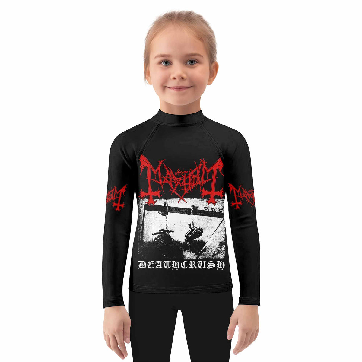 Mayhem Deathcrush No Fun No Core No Mosh No Trends Kids Rash Guard Long Sleeve - girl's lifestyle view