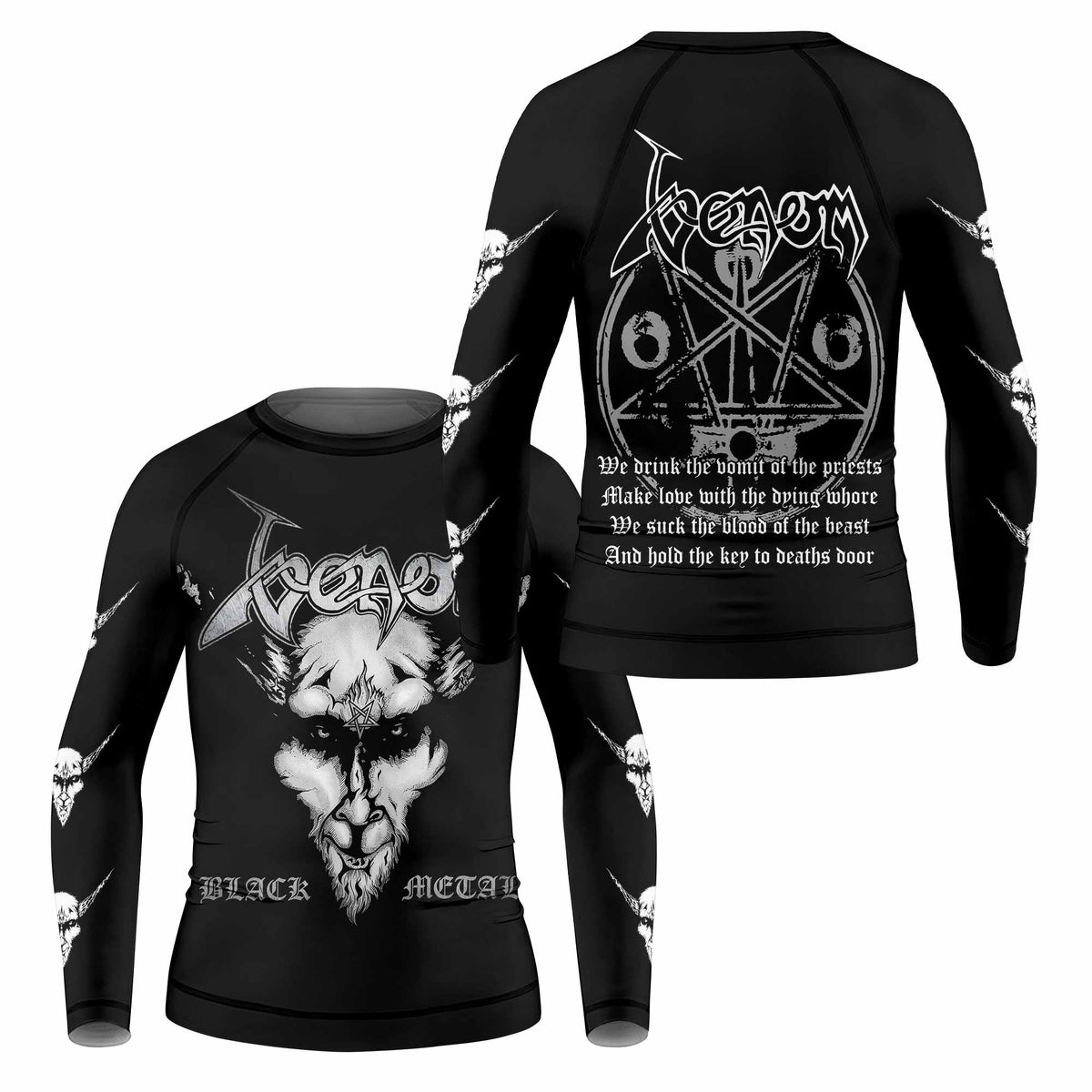 Venom Black Metal Goat Sigil Kids Rash Guard Long Sleeve - front and back view