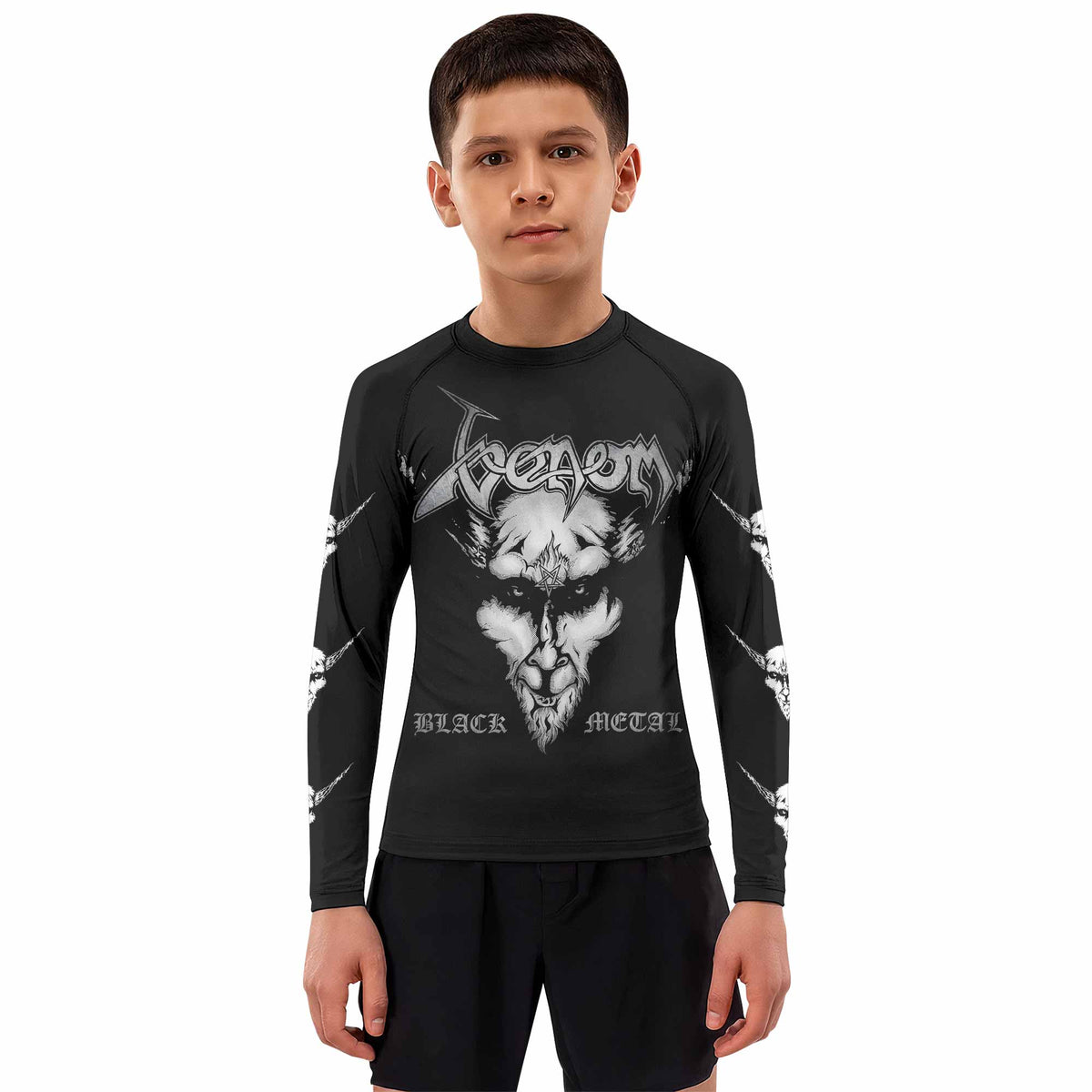 Venom Black Metal Goat Sigil Kids Rash Guard Long Sleeve - boy's lifestyle view