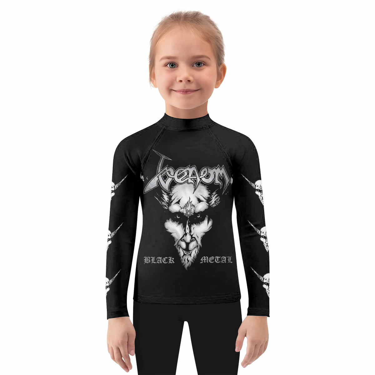 Venom Black Metal Goat Sigil Kids Rash Guard Long Sleeve - girl's lifestyle view