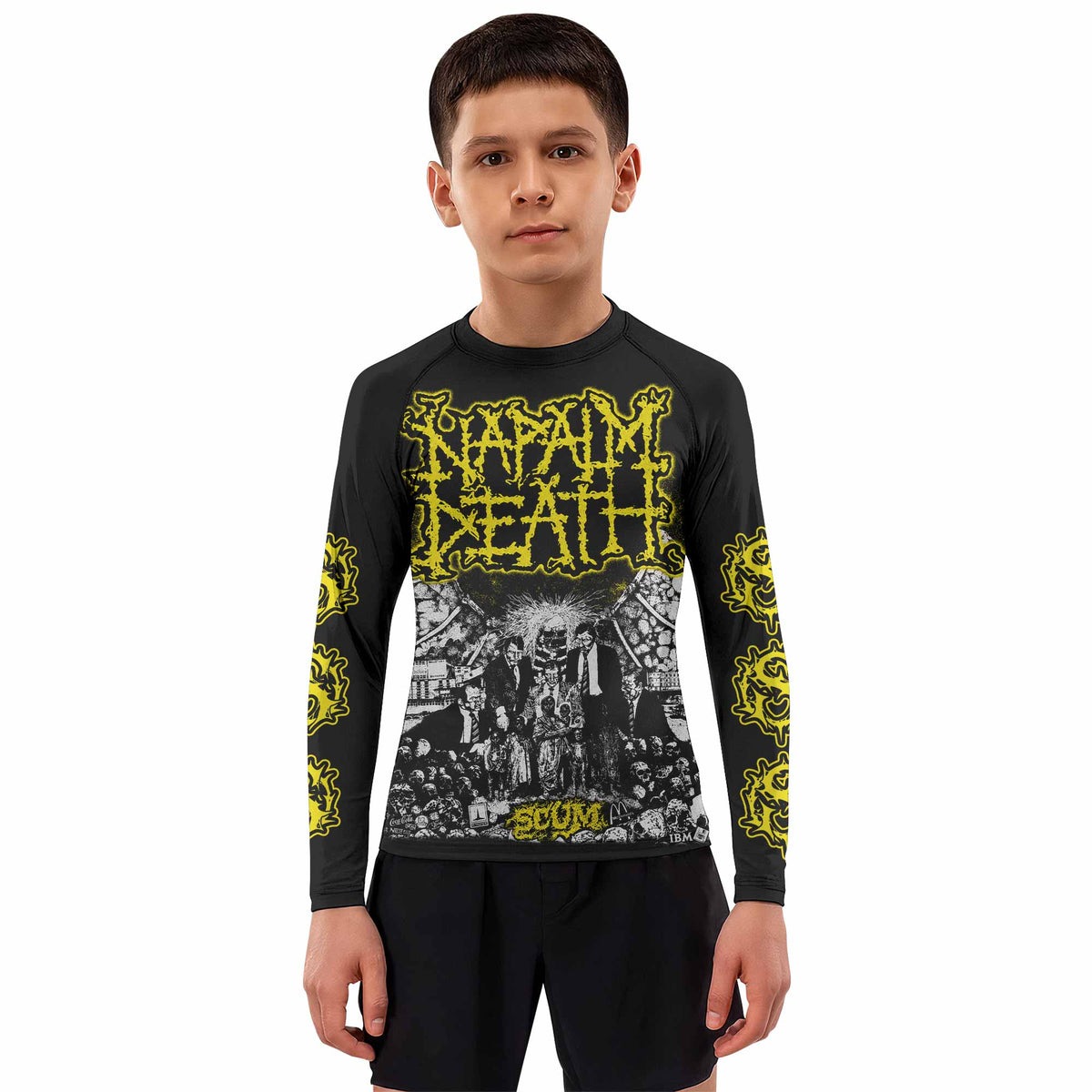 Napalm Death Scum Kids Rash Guard Long Sleeve - boy's lifestyle view
