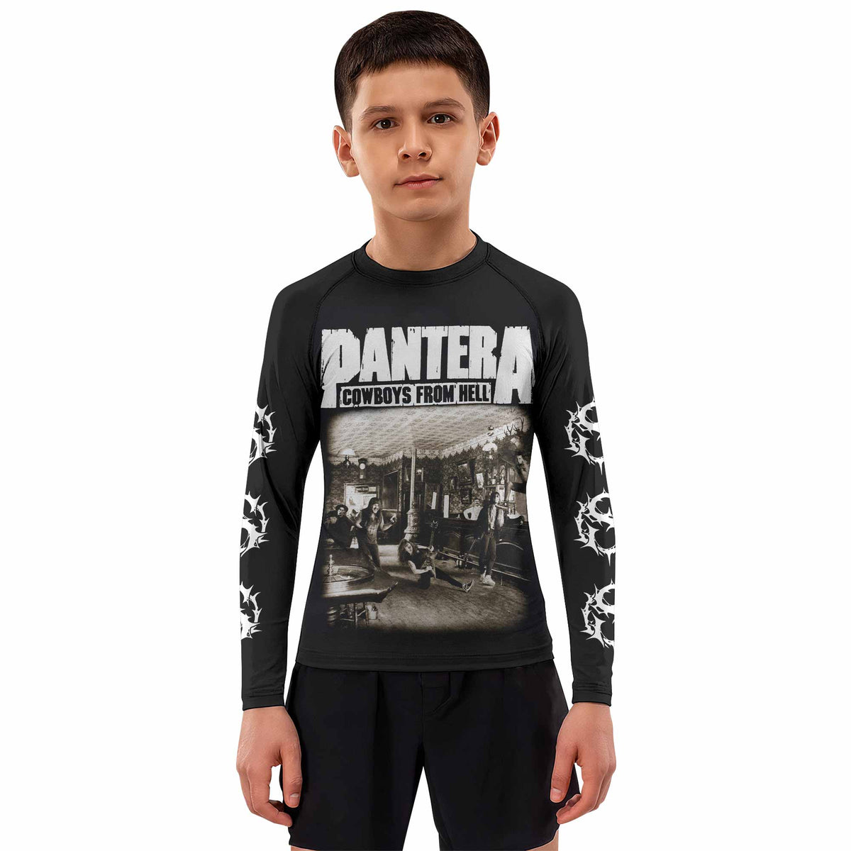 Cowboys from Hell Pantera Kids Rash Guard Long Sleeve - boy's lifestyle view