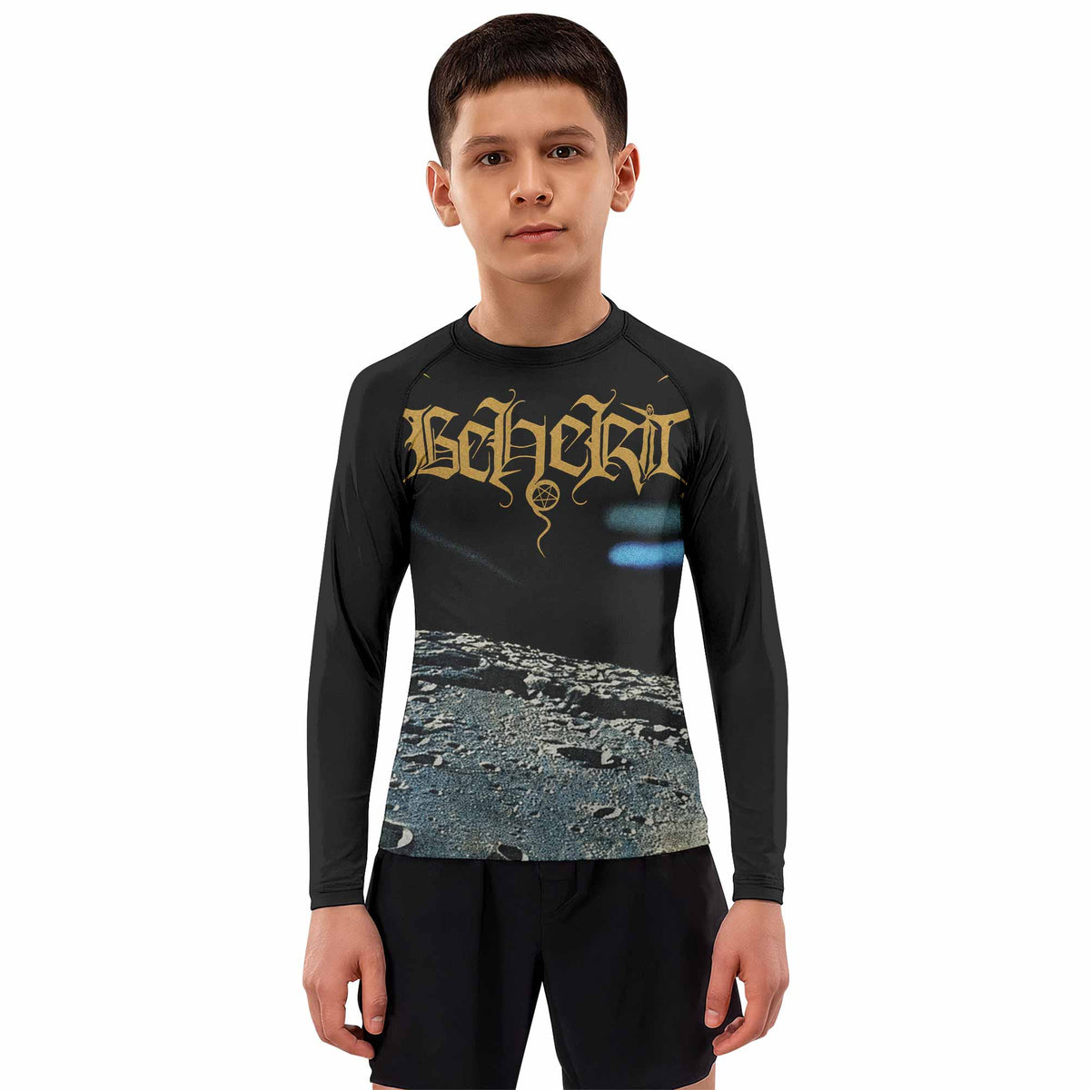 Beherit Drawing Down the Moon Kids Rash Guard Long Sleeve - boy's lifestyle view