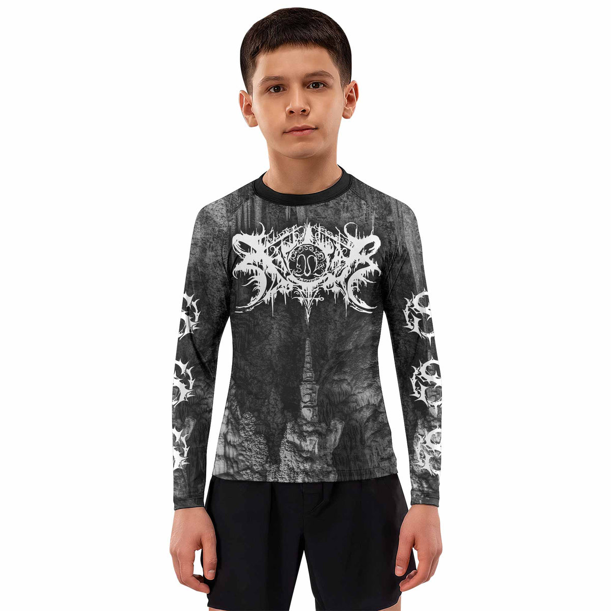 Xasthur Nocturnal Poisoning Kids Rash Guard Long Sleeve - boy's lifestyle view