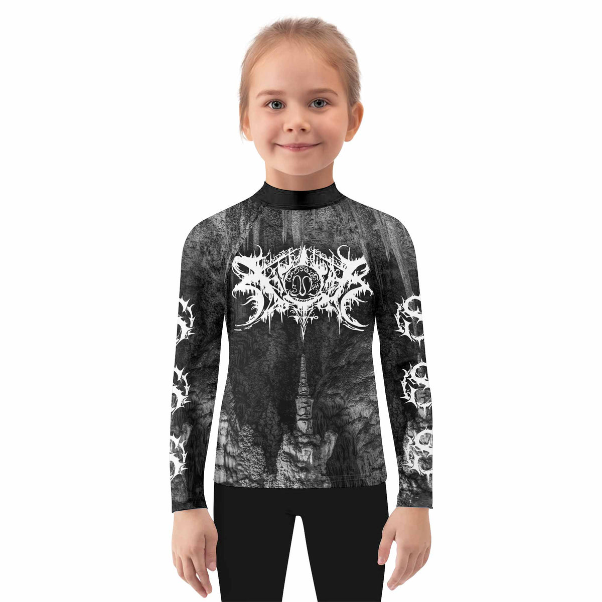 Xasthur Nocturnal Poisoning Kids Rash Guard Long Sleeve - girl's lifestyle view