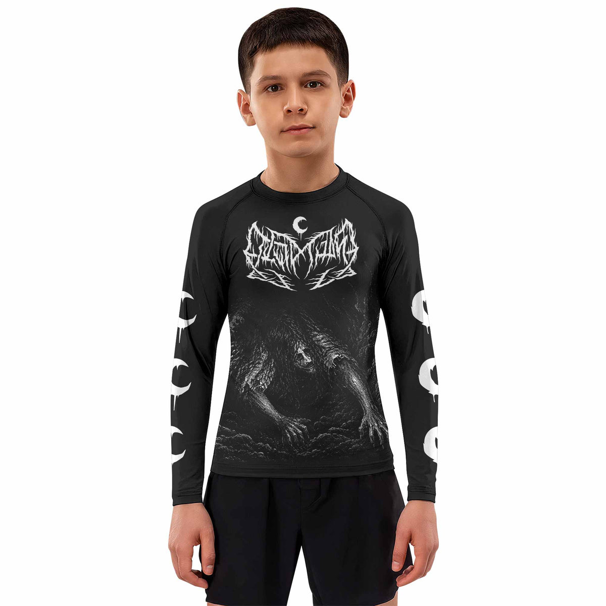 Leviathan Fucking Your Ghost In Chains of Ice Kids Rash Guard Long Sleeve - boy's lifestyle view
