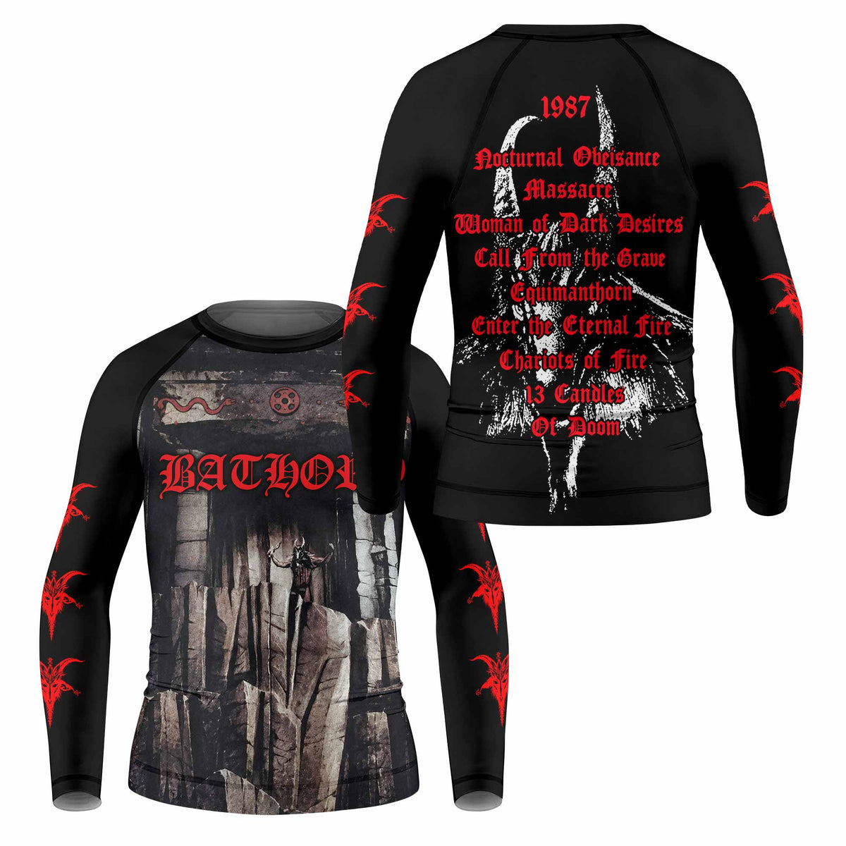 Bathory Under the Sign of the Black Mark Kids Rash Guard Long Sleeve - front and back view