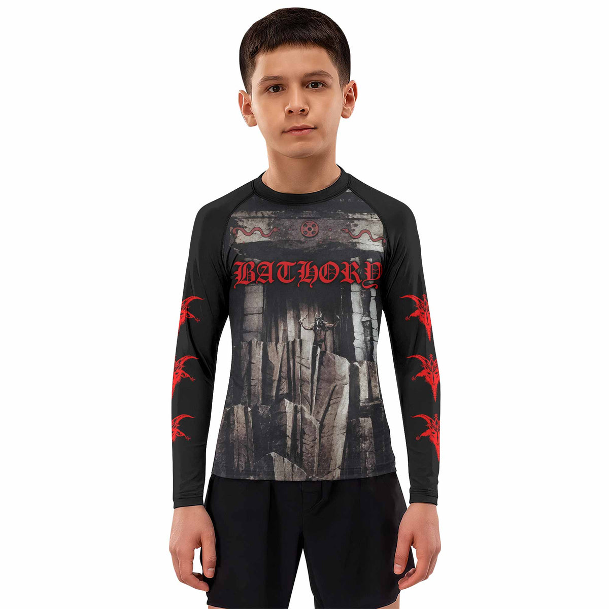 Bathory Under the Sign of the Black Mark Kids Rash Guard Long Sleeve - boy's lifestyle view