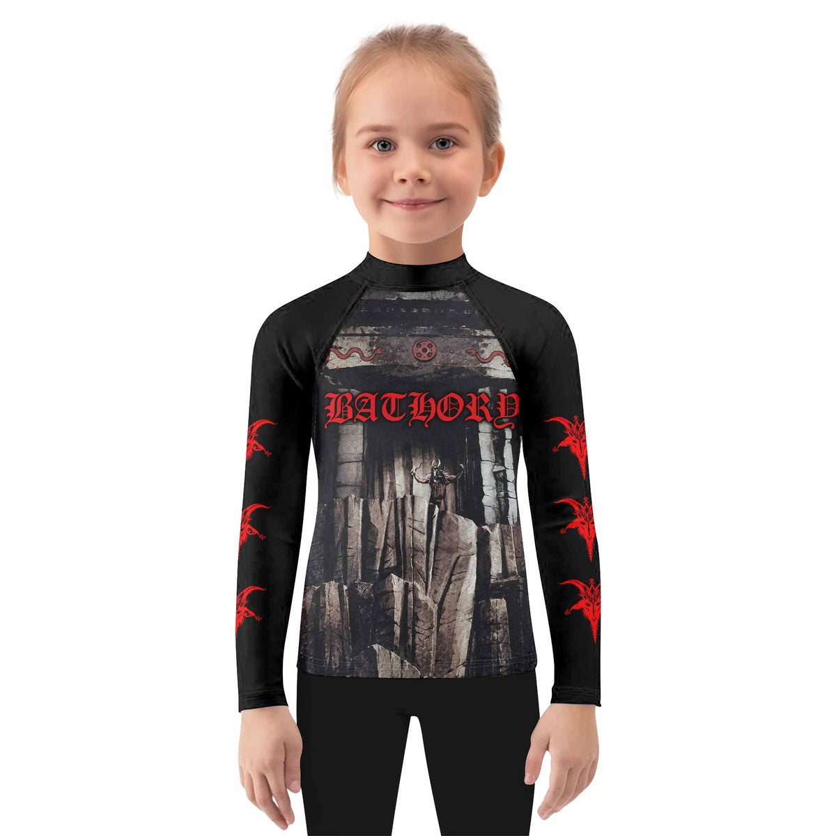Bathory Under the Sign of the Black Mark Kids Rash Guard Long Sleeve - girl's lifestyle view