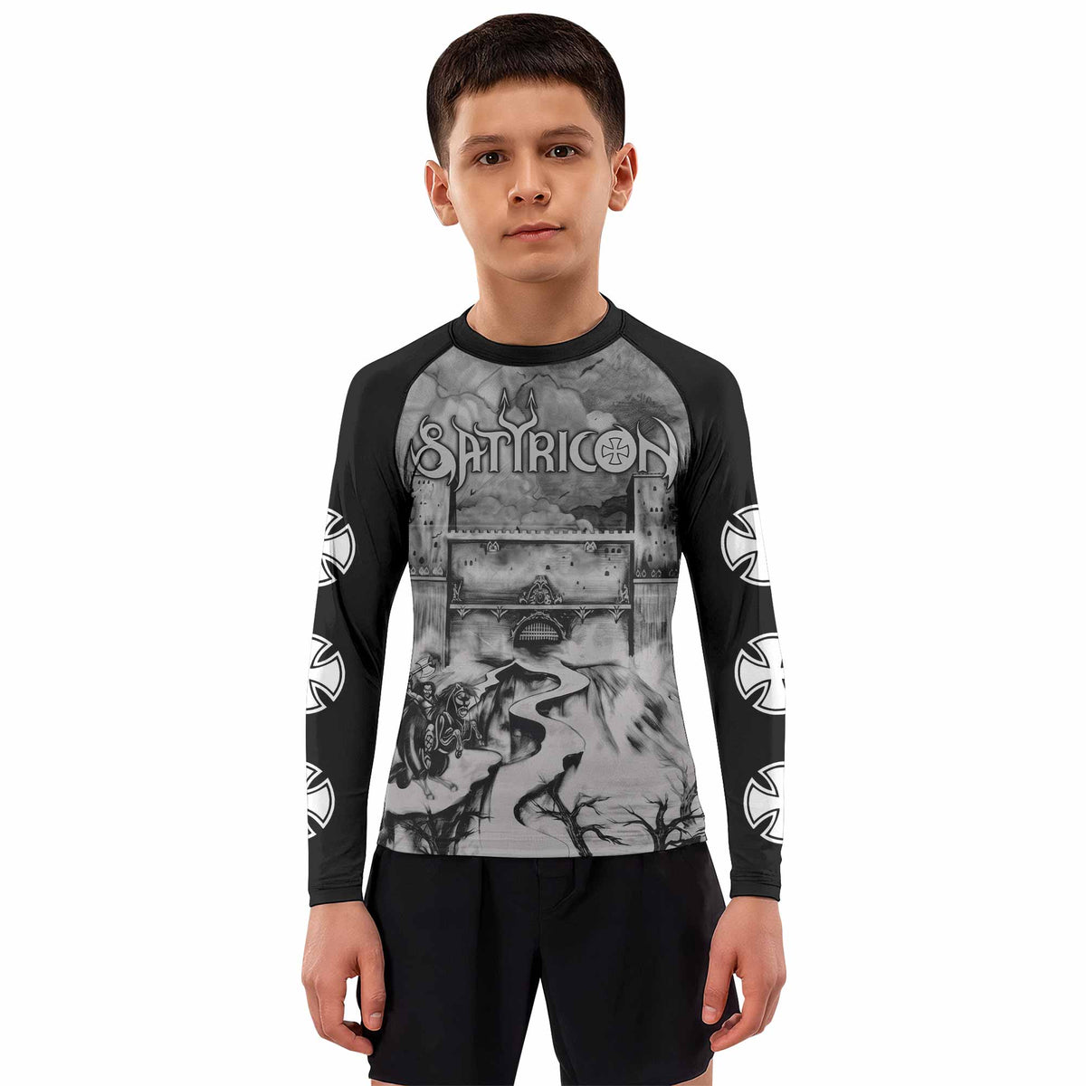 Satyricon Dark Medieval Times Kids Rash Guard Long Sleeve - boy's lifestyle view
