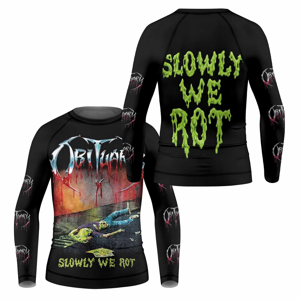 Obituary Slowly We Rot Kids Rash Guard Long Sleeve - front and back view