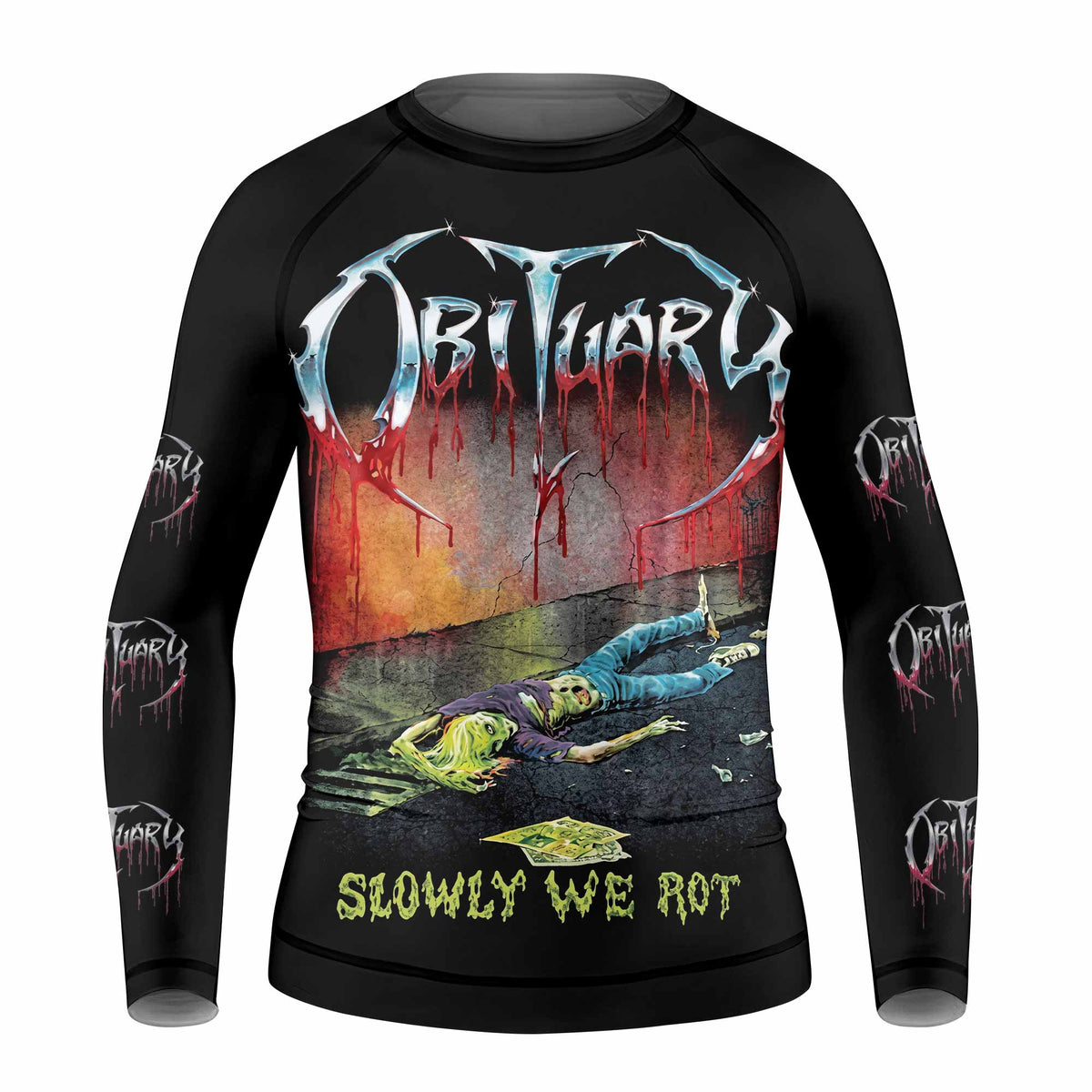 Obituary Slowly We Rot Kids Rash Guard Long Sleeve - front view mockup