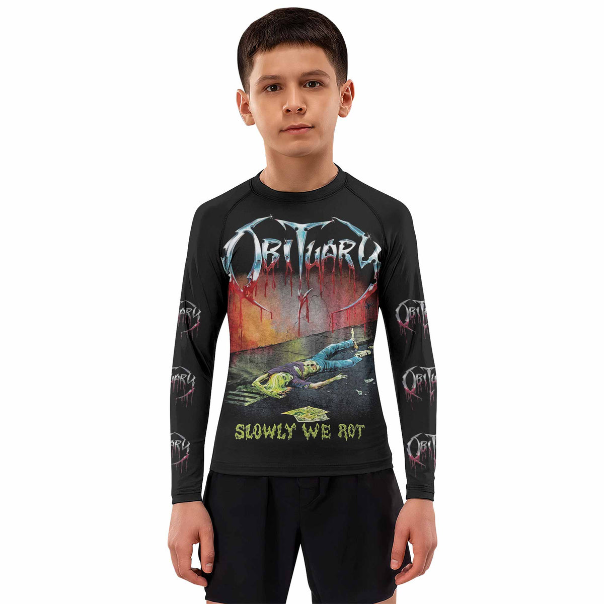 Obituary Slowly We Rot Kids Rash Guard Long Sleeve - boy's lifestyle view