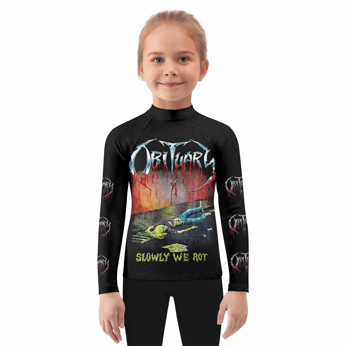 Obituary Slowly We Rot Kids Rash Guard Long Sleeve - girl's lifestyle view